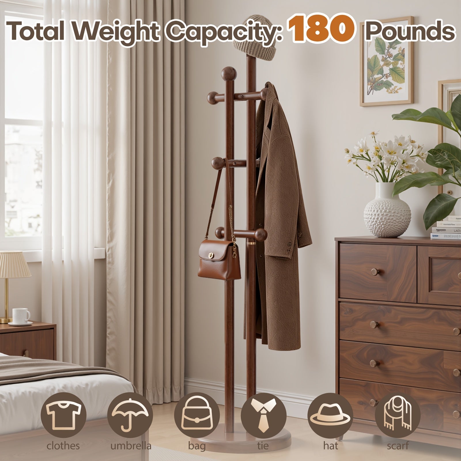 Solid Wood Coat Rack Freestanding | Coat Tree Rack with 2 Main Rods, 6 Hooks, Stable Round Base, Space Saving Clothes Hanger Stand for Entryway, Bedroom, Hallway, 180 lbs Capacity, Walnut Color - BEKRVIO