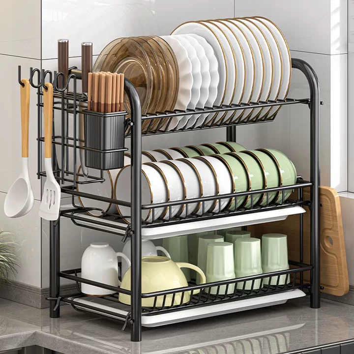 3-Tier Dish Drying Rack with Drain Tray, Utensil Holder & Cutting Board Rack