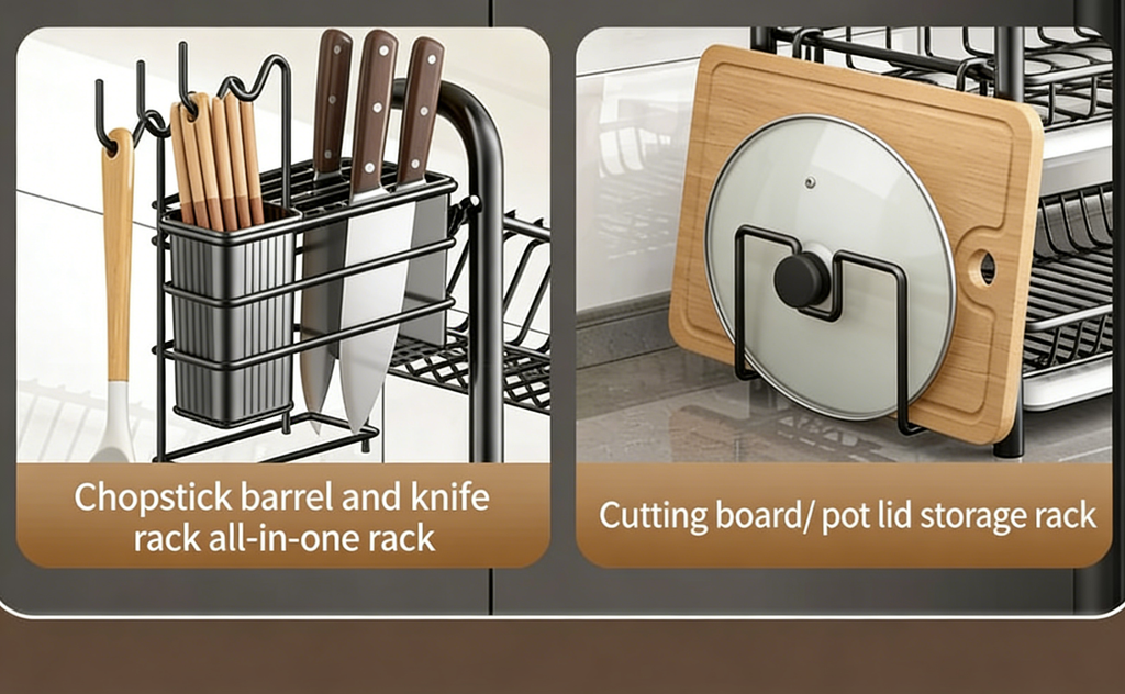 3-Tier Dish Drying Rack with Drain Tray, Utensil Holder & Cutting Board Rack