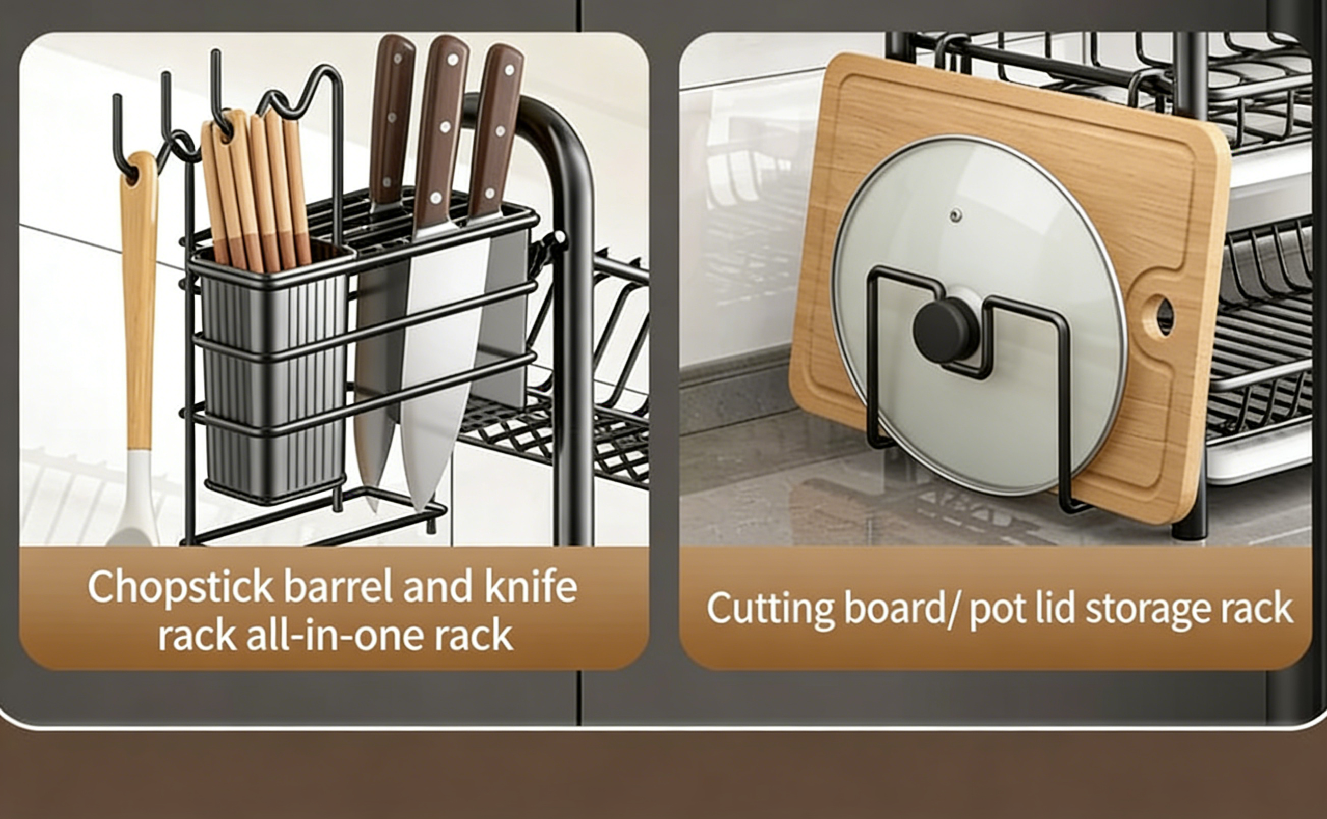 3-Tier Dish Drying Rack with Drain Tray, Utensil Holder & Cutting Board Rack