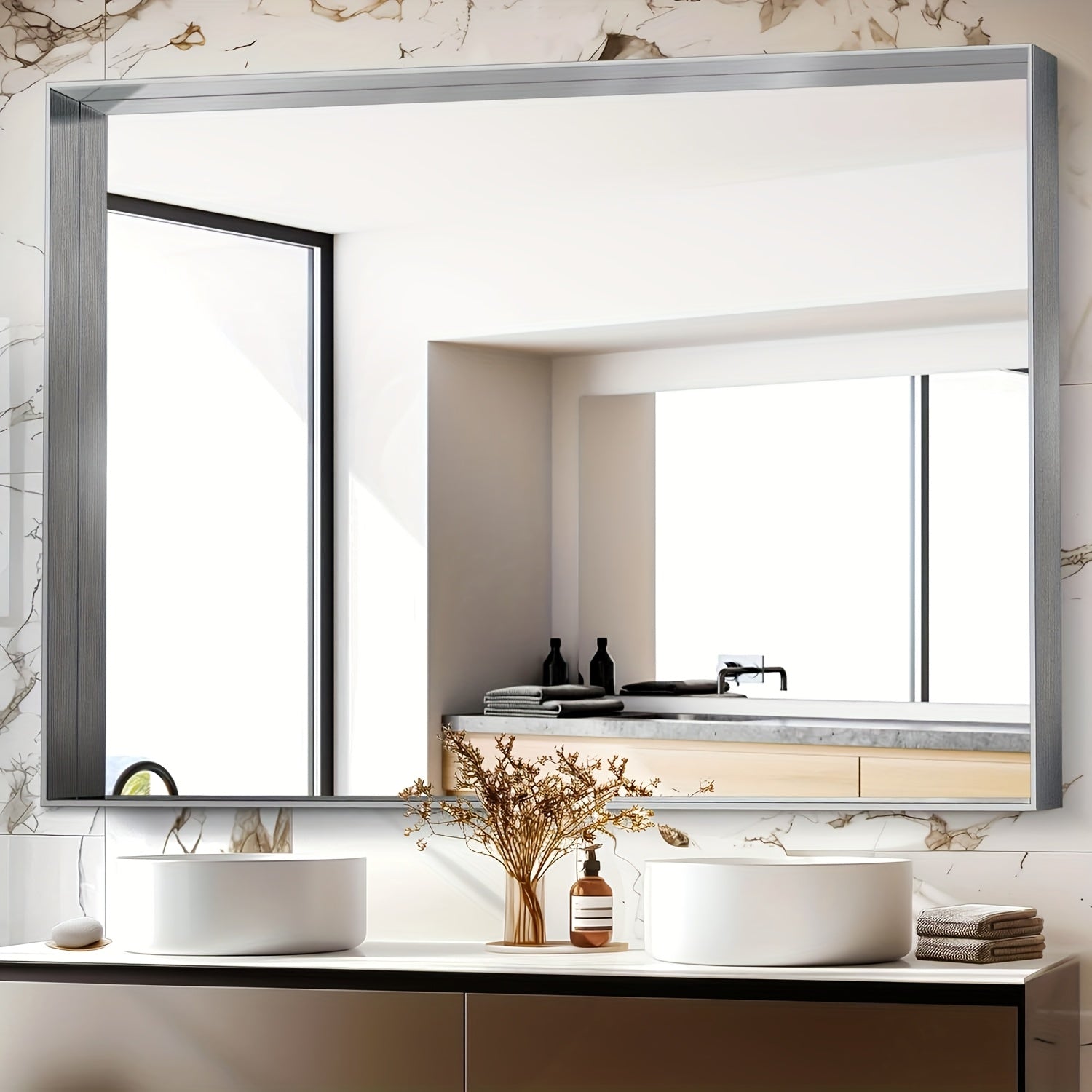 Framed Mirror for Bathroom, Multiple Sizes Metal Framed Bathrrom for Wall, Matte Black\u002FGolden\u002FSilvery Bathroom Vanity Mirror Farmhouse, Anti-Rust, Rectangle Square Corner Metal Frame Modern(Horizontal\u002FVertical)