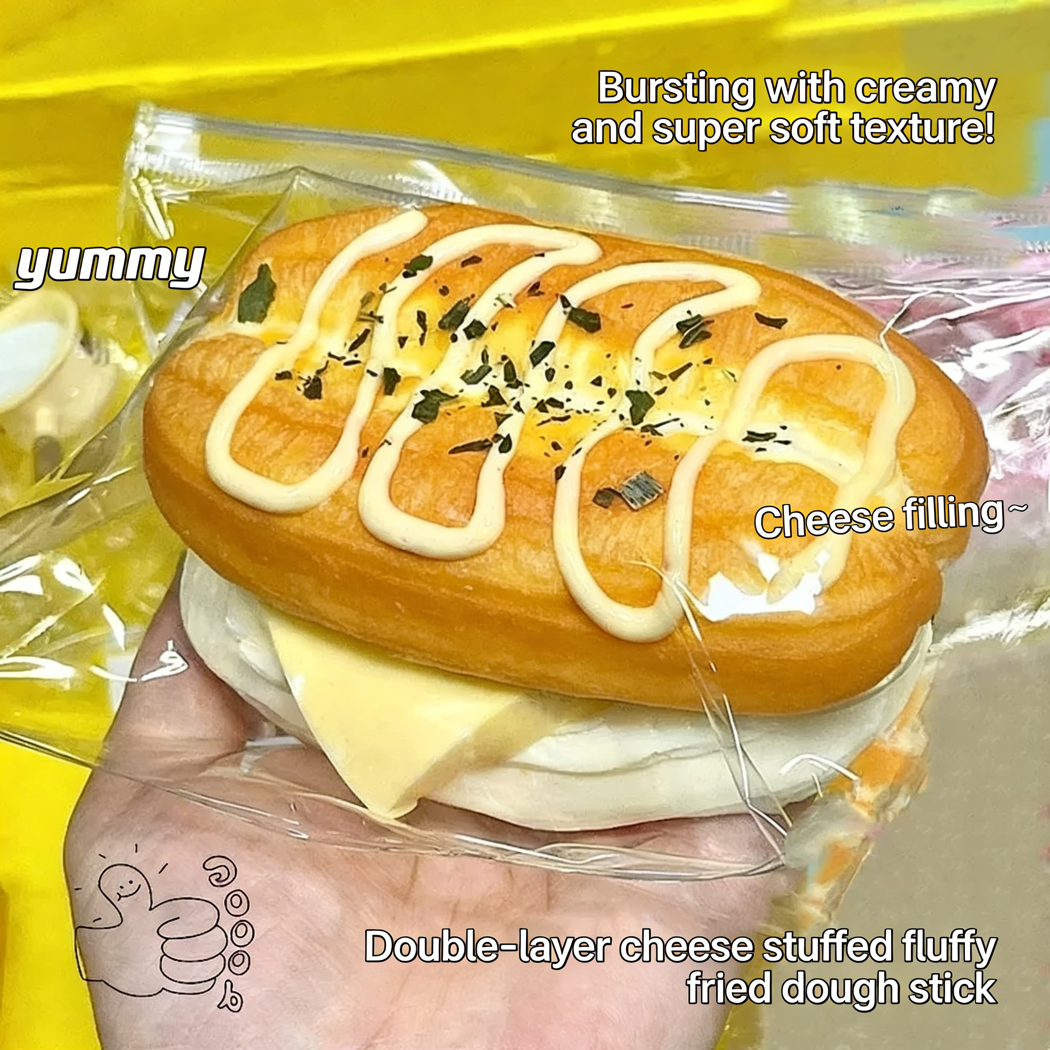 Double Cheese Stuffed Cream Bread Squishy Stress Toy with Ultra-Soft Slow Rising Squeeze 🧀🥖✨