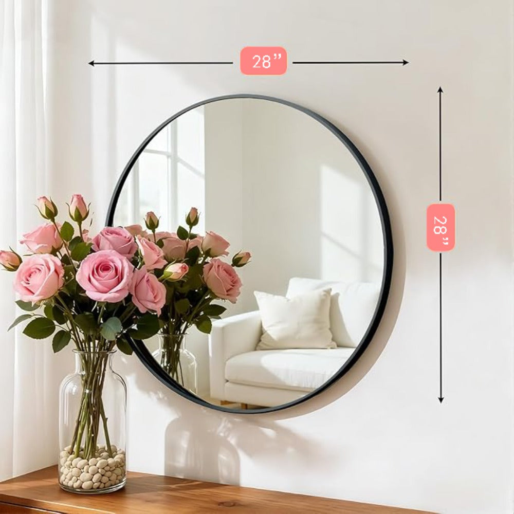 28\u002F36 Inch Round Mirror, Metal Framed Bathroom Mirror, Modern Anti-Rust Wall-Mounted Or Leaning Vanity Mirror for Bathroom, Bedroom, Living Room, Entryway - Stylish & Decorative