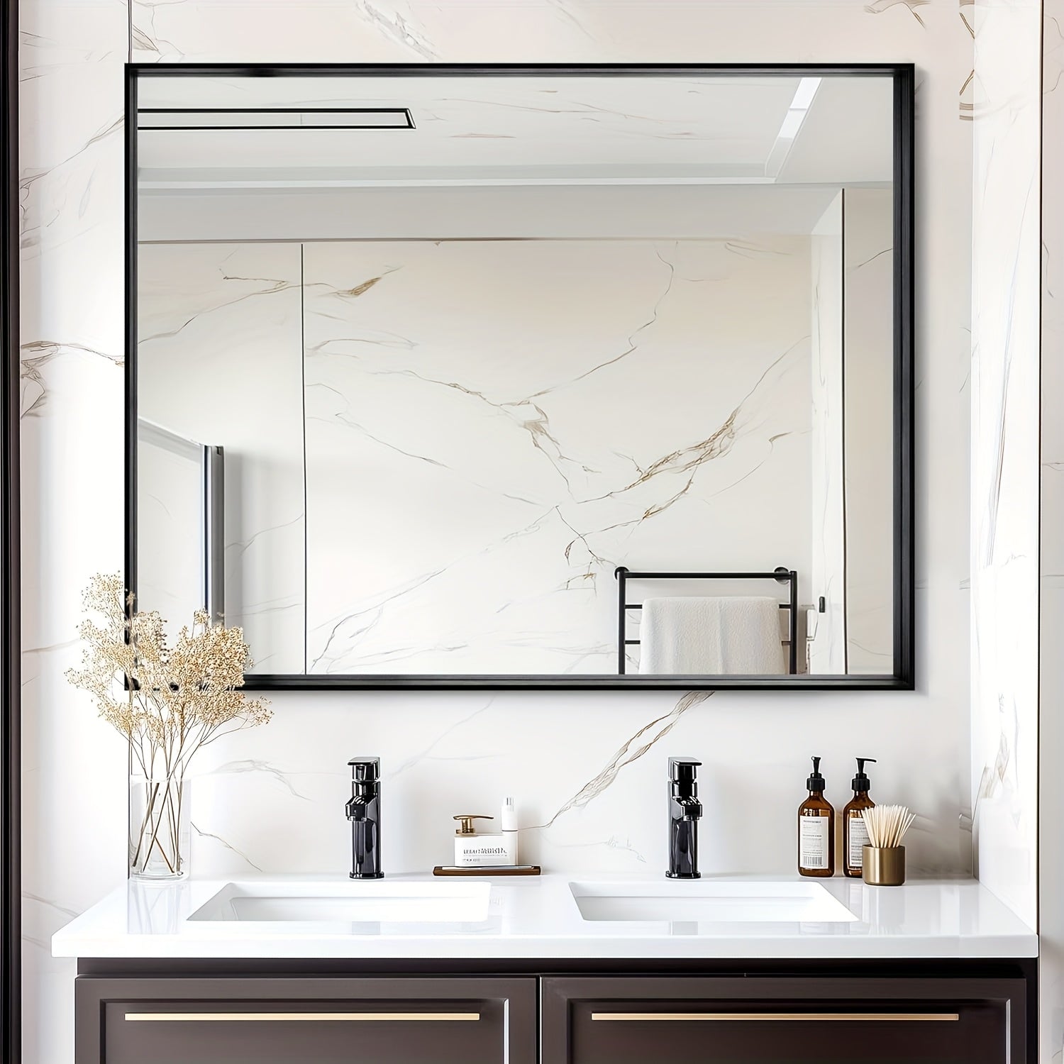 Framed Mirror for Bathroom, Multiple Sizes Metal Framed Bathrrom for Wall, Matte Black\u002FGolden\u002FSilvery Bathroom Vanity Mirror Farmhouse, Anti-Rust, Rectangle Square Corner Metal Frame Modern(Horizontal\u002FVertical)