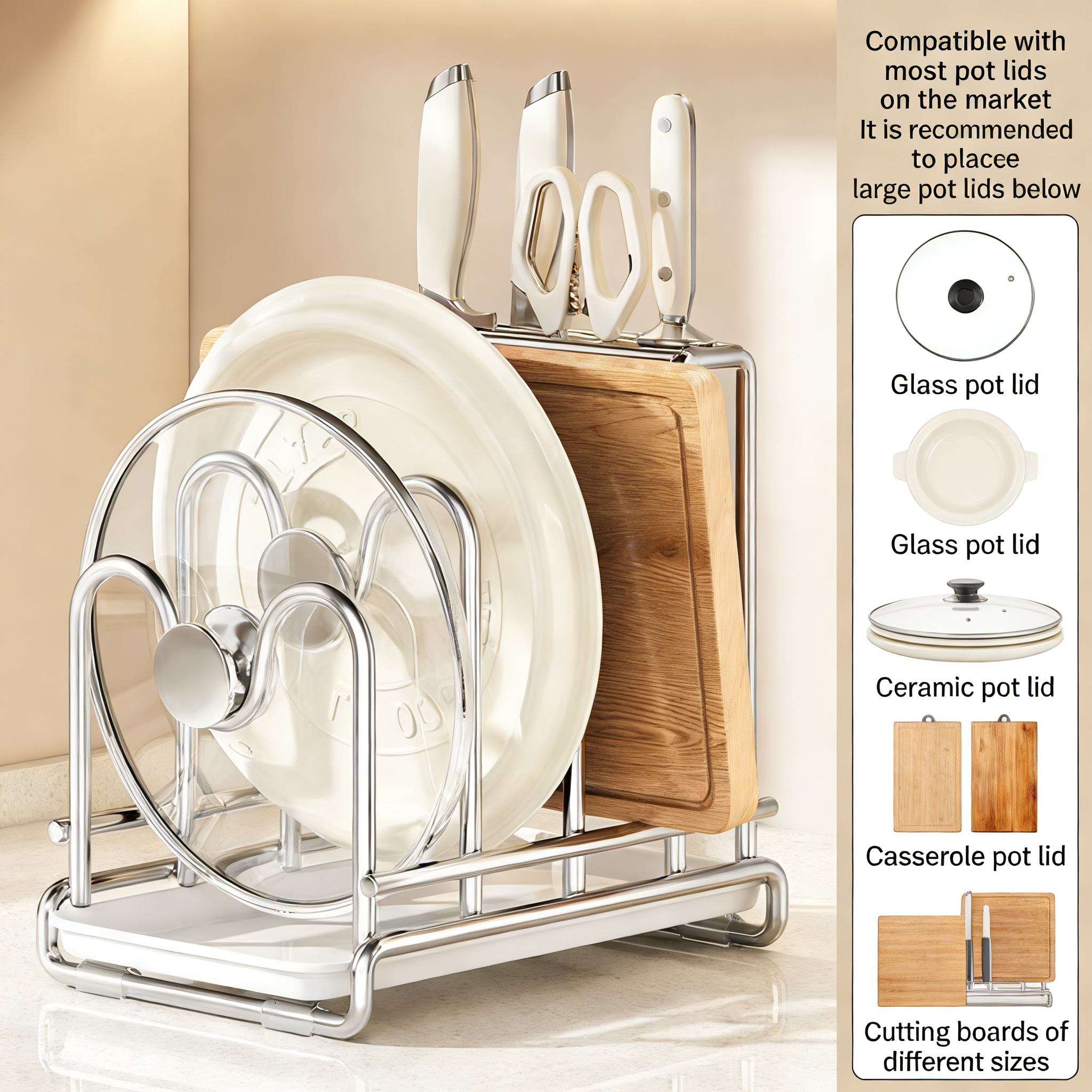 Kitchen Pot Lid Organizer Rack with Knife Holder & Cutting Board Stand, Countertop Storage Rack with Drain Tray