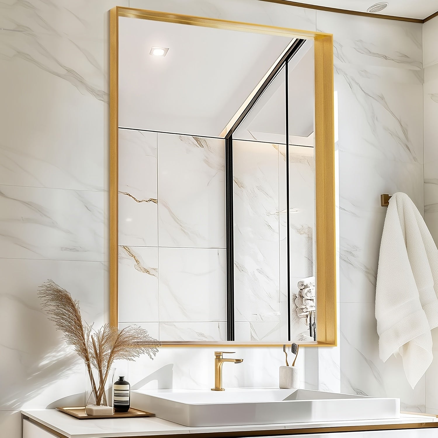 Framed Mirror for Bathroom, Multiple Sizes Metal Framed Bathrrom for Wall, Matte Black\u002FGolden\u002FSilvery Bathroom Vanity Mirror Farmhouse, Anti-Rust, Rectangle Square Corner Metal Frame Modern(Horizontal\u002FVertical)