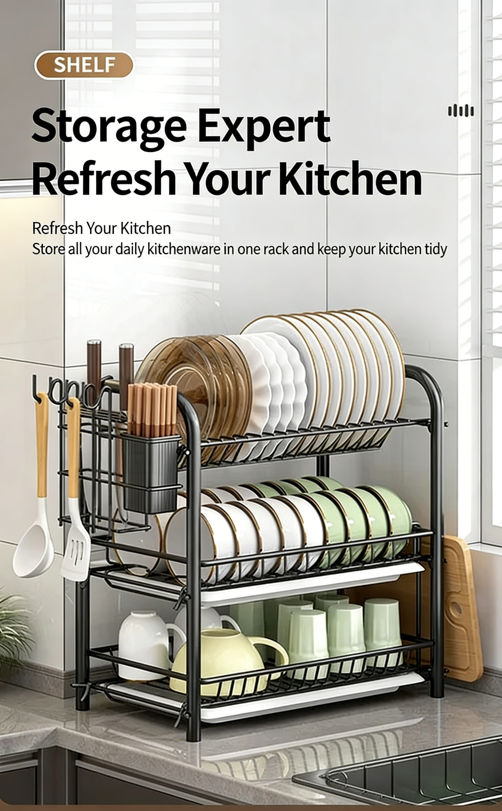 3-Tier Dish Drying Rack with Drain Tray, Utensil Holder & Cutting Board Rack