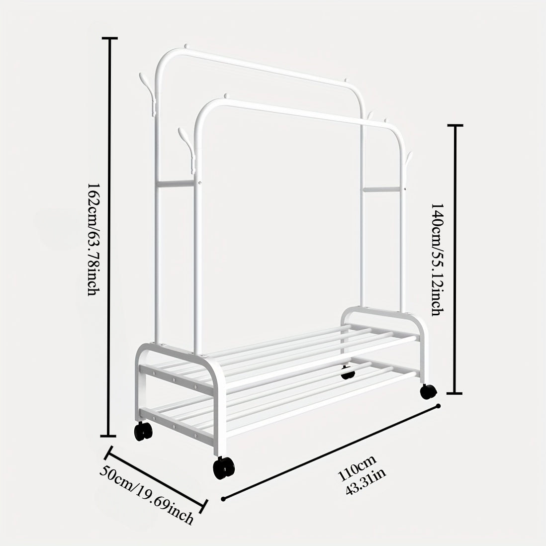 Heavy Duty, Clothes Rack Heavy Duty, Sturdy Metal Double Rodding Clothes Rack With Wheels, Portable Clothing Rack With Shelves & Hooks, Multi-Functional Closet Rack For Bedroom, Black
