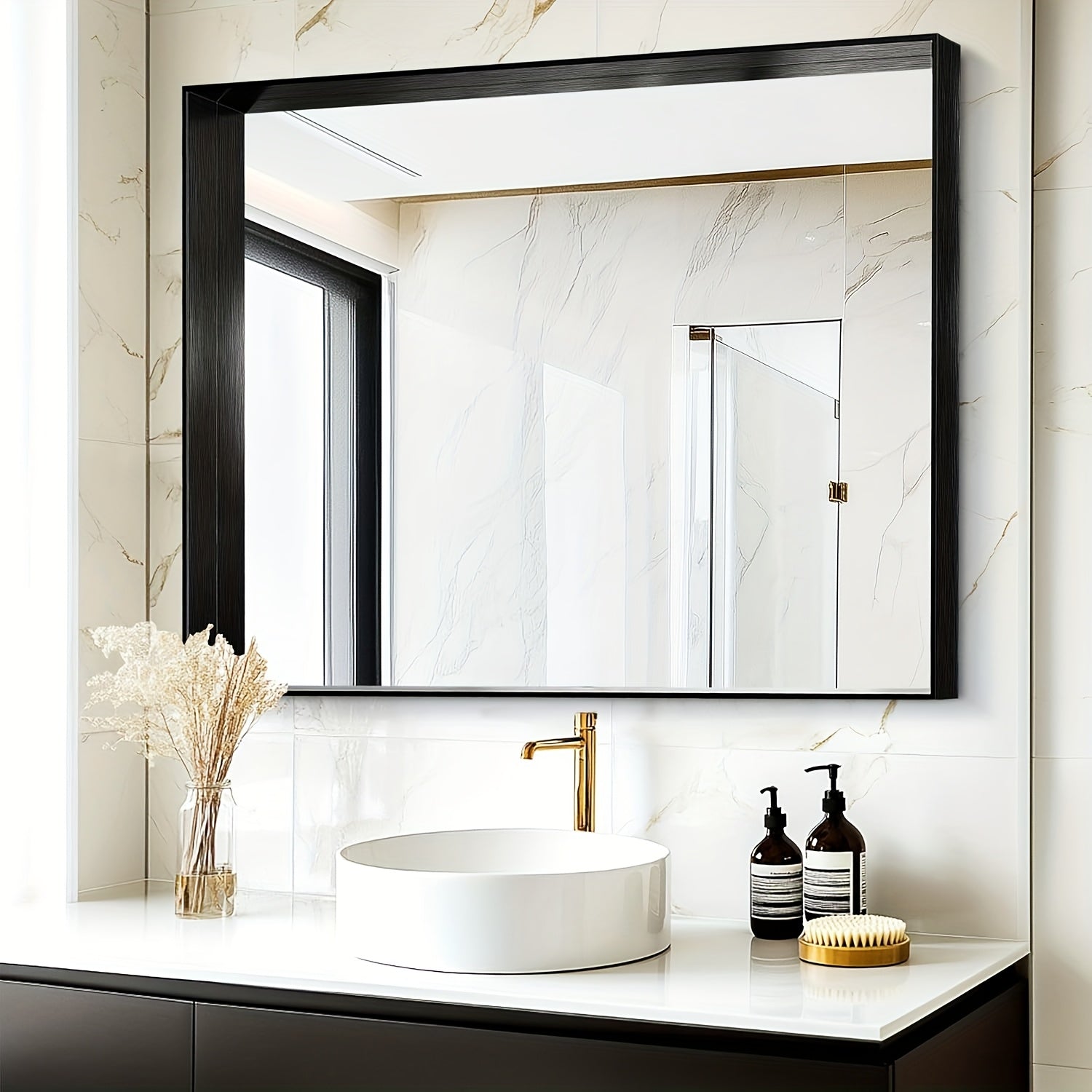 Framed Mirror for Bathroom, Multiple Sizes Metal Framed Bathrrom for Wall, Matte Black\u002FGolden\u002FSilvery Bathroom Vanity Mirror Farmhouse, Anti-Rust, Rectangle Square Corner Metal Frame Modern(Horizontal\u002FVertical)