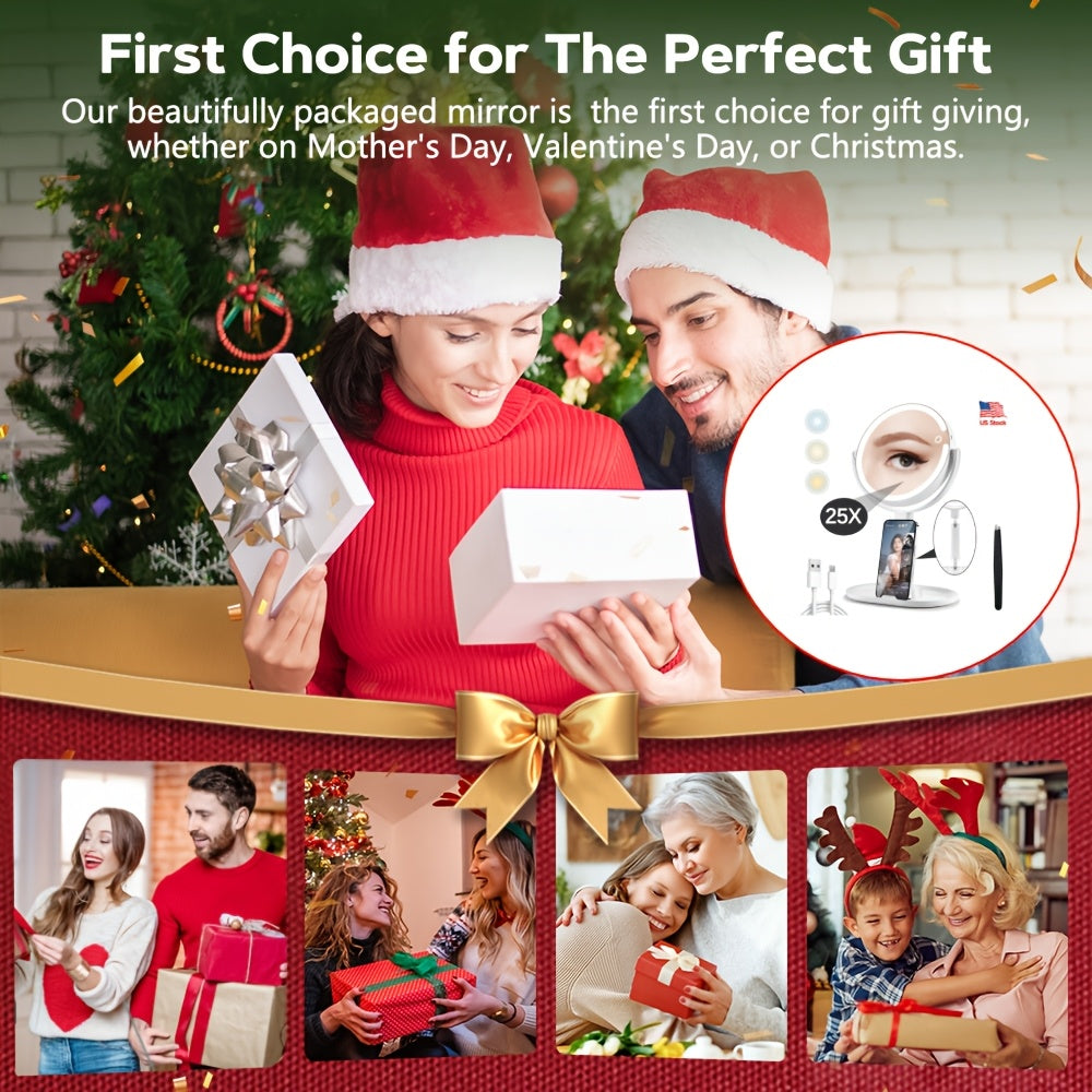 Makeup Mirror with Lights, 25X Magnifying Mirror with Light And Touch Switch, Vanity Mirror with 3 Color Light And 80 LEDs, 2-Sided Lighted Magnified Mirror 8 Inches, Women's Day Gift, A Good Tool Of Beauty And Makeup.