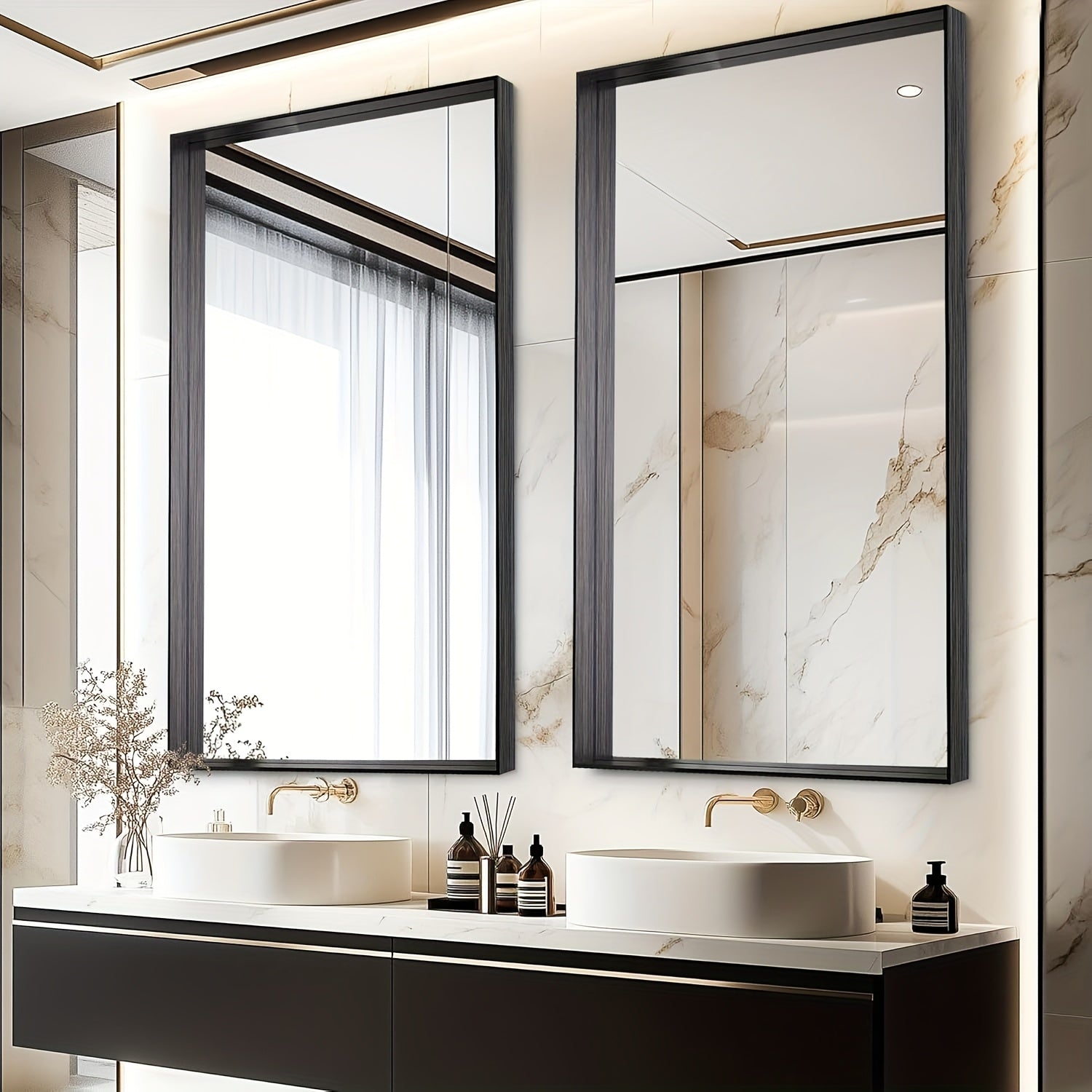 Framed Mirror for Bathroom, Multiple Sizes Metal Framed Bathrrom for Wall, Matte Black\u002FGolden\u002FSilvery Bathroom Vanity Mirror Farmhouse, Anti-Rust, Rectangle Square Corner Metal Frame Modern(Horizontal\u002FVertical)