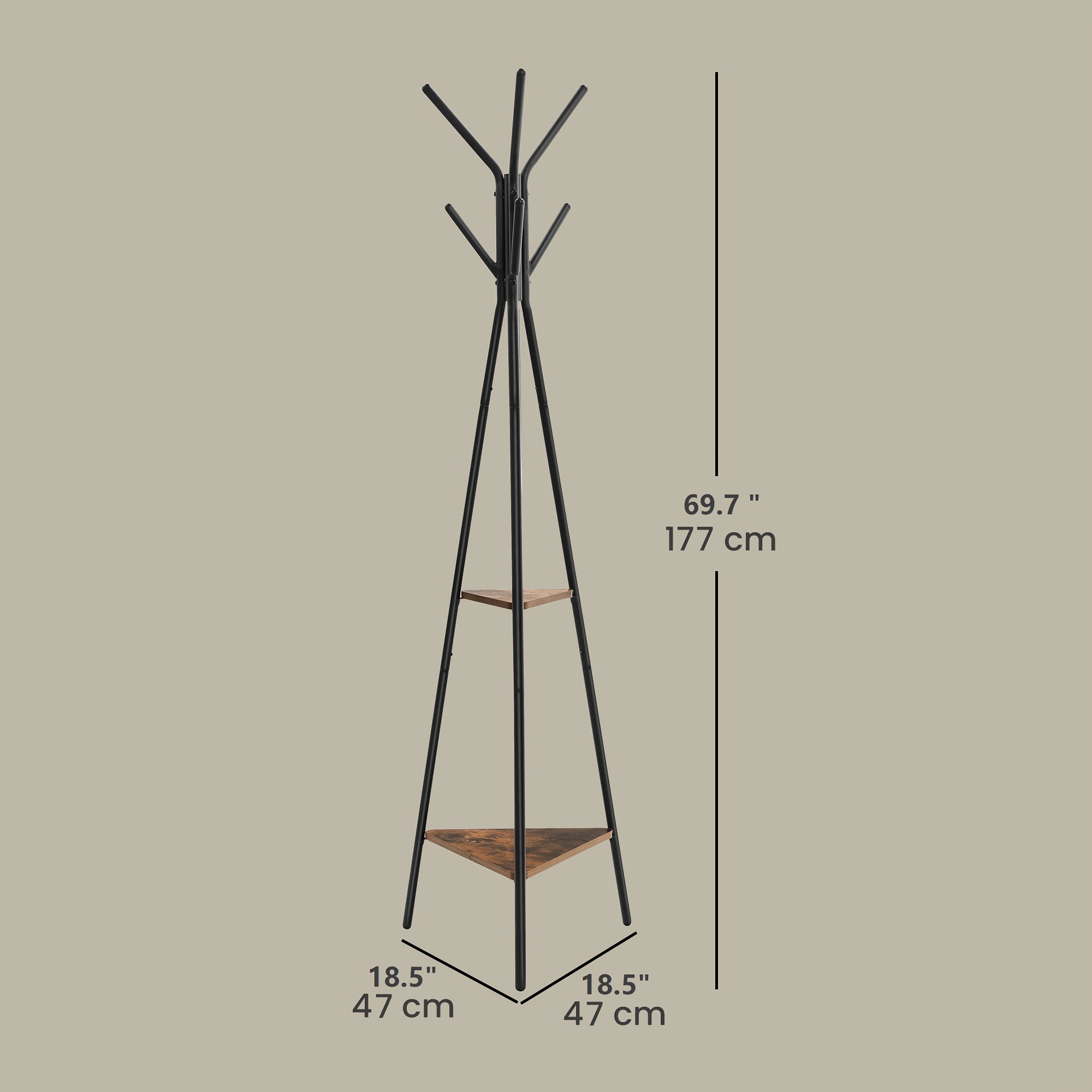 Freestanding Coat Rack\u002Fhat Rack: 6 Hooks + 2 Triangular Shelves for Hanging Clothes\u002Fhats\u002Fbags; Triangular Base, Additional Storage Space, Includes Coat Rack, 69.7\