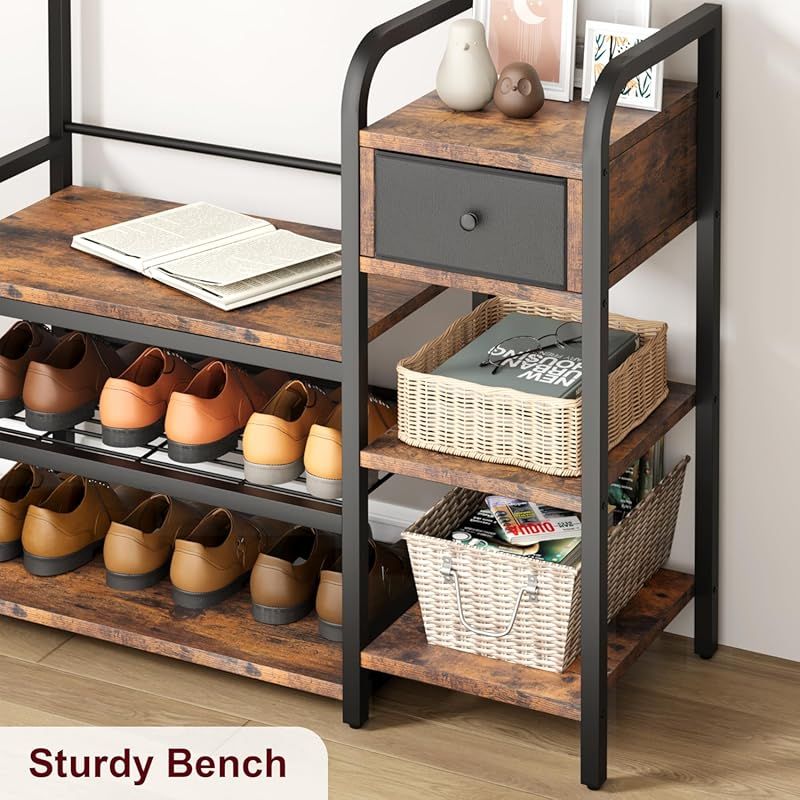 5-in-1 Multi-Functional Hall Tree Shoe Bench with Storage Drawer & 8-Hook Entryway - Space-Saving Coat Rack Suitable for Apartment, Bedroom, Entryway - Assembly, Compact Furniture (No Wood\u002FMetal)