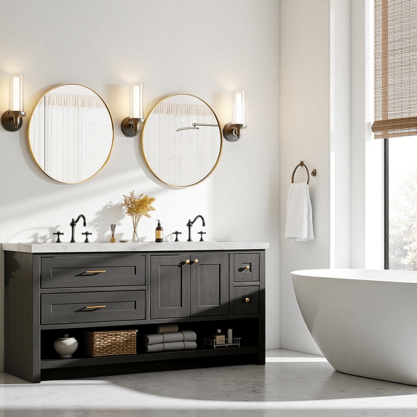 28\u002F36 Inch Round Mirror, Metal Framed Bathroom Mirror, Modern Anti-Rust Wall-Mounted Or Leaning Vanity Mirror for Bathroom, Bedroom, Living Room, Entryway - Stylish & Decorative