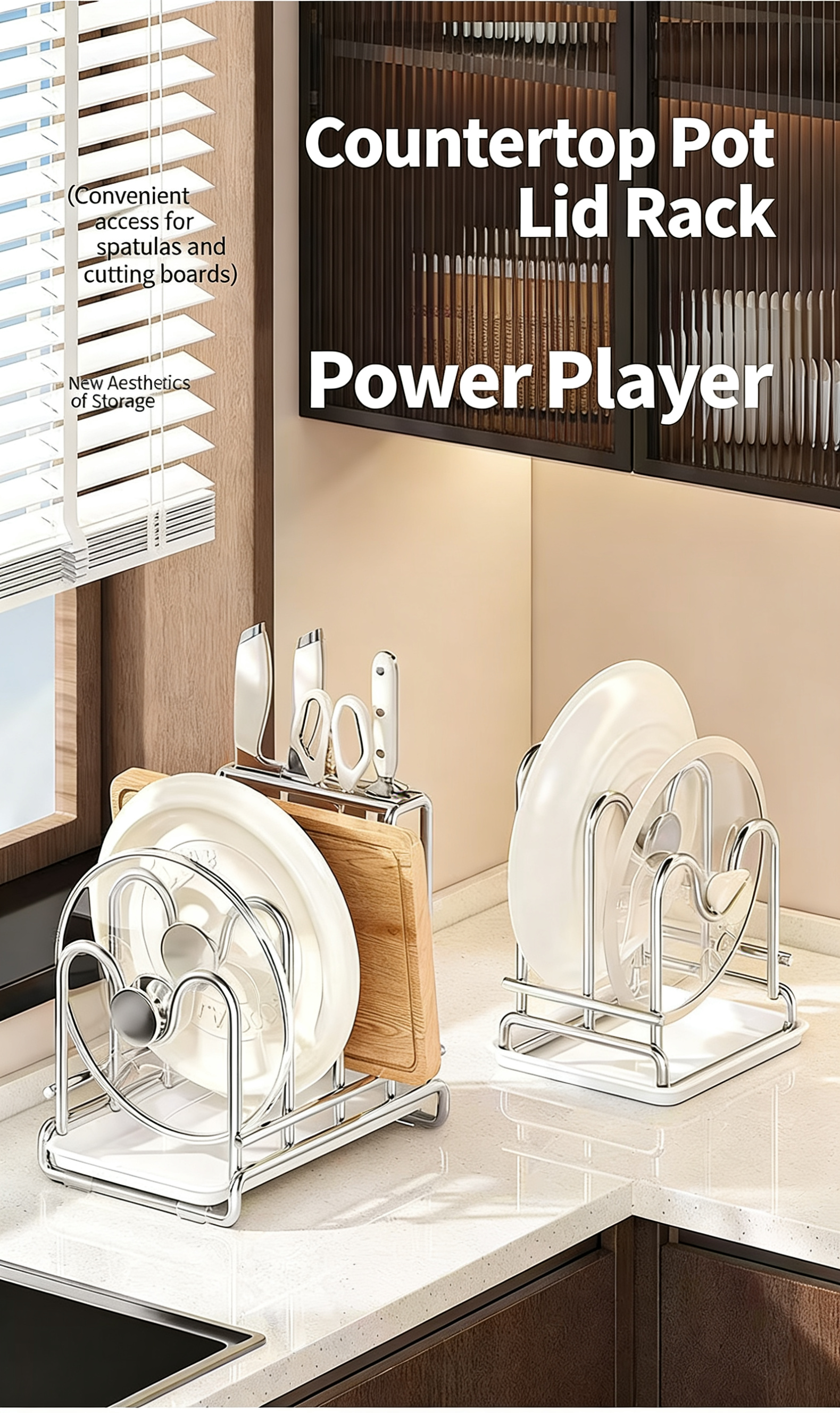 Kitchen Pot Lid Organizer Rack with Knife Holder & Cutting Board Stand, Countertop Storage Rack with Drain Tray