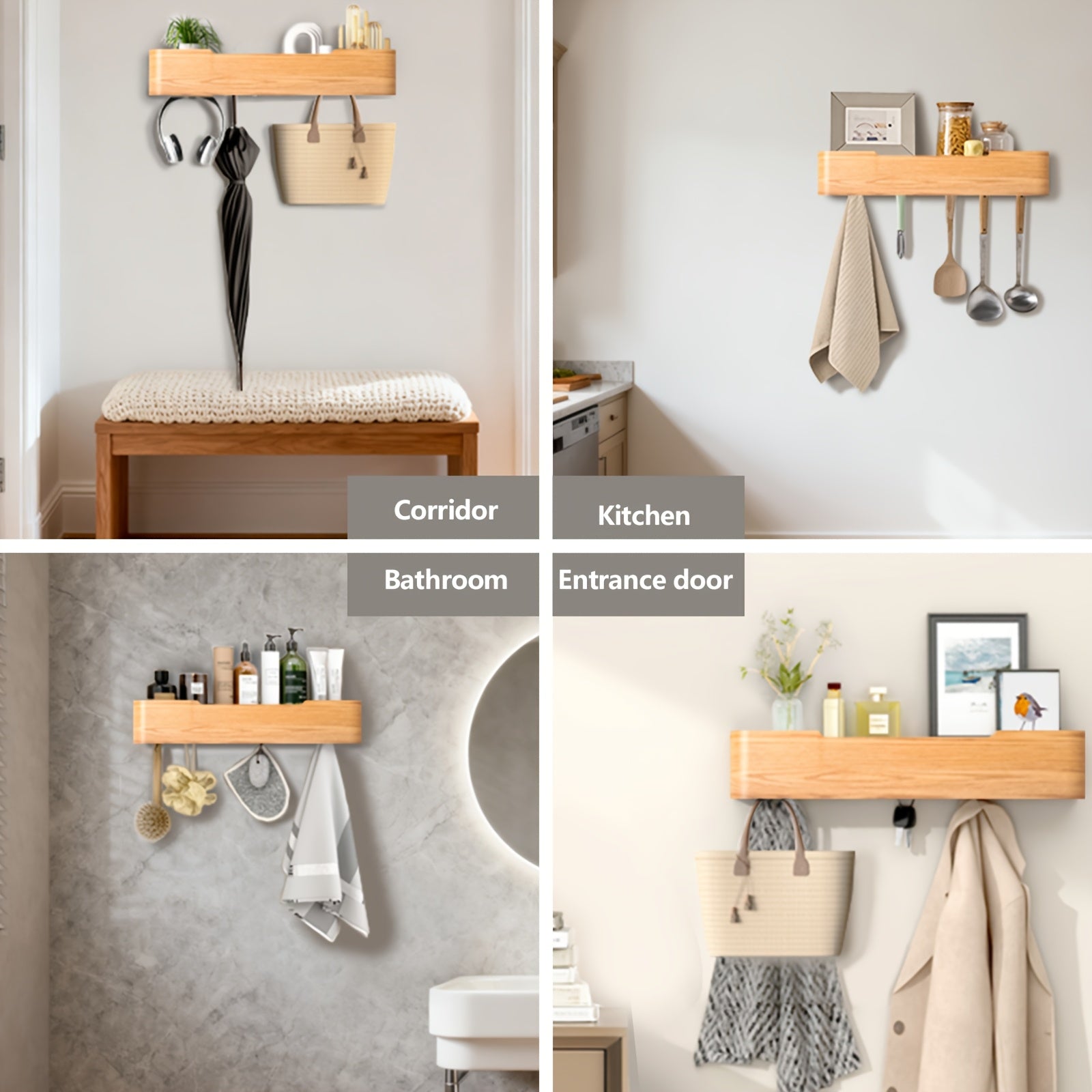Modern Coat Rack Wall Mount with Wooden Shelf | Key Holder Entryway Hooks for Bedroom, Kitchen, Hallway, Bathroom - Artificial Board and Iron, Wood Color, Portable, Hardwood