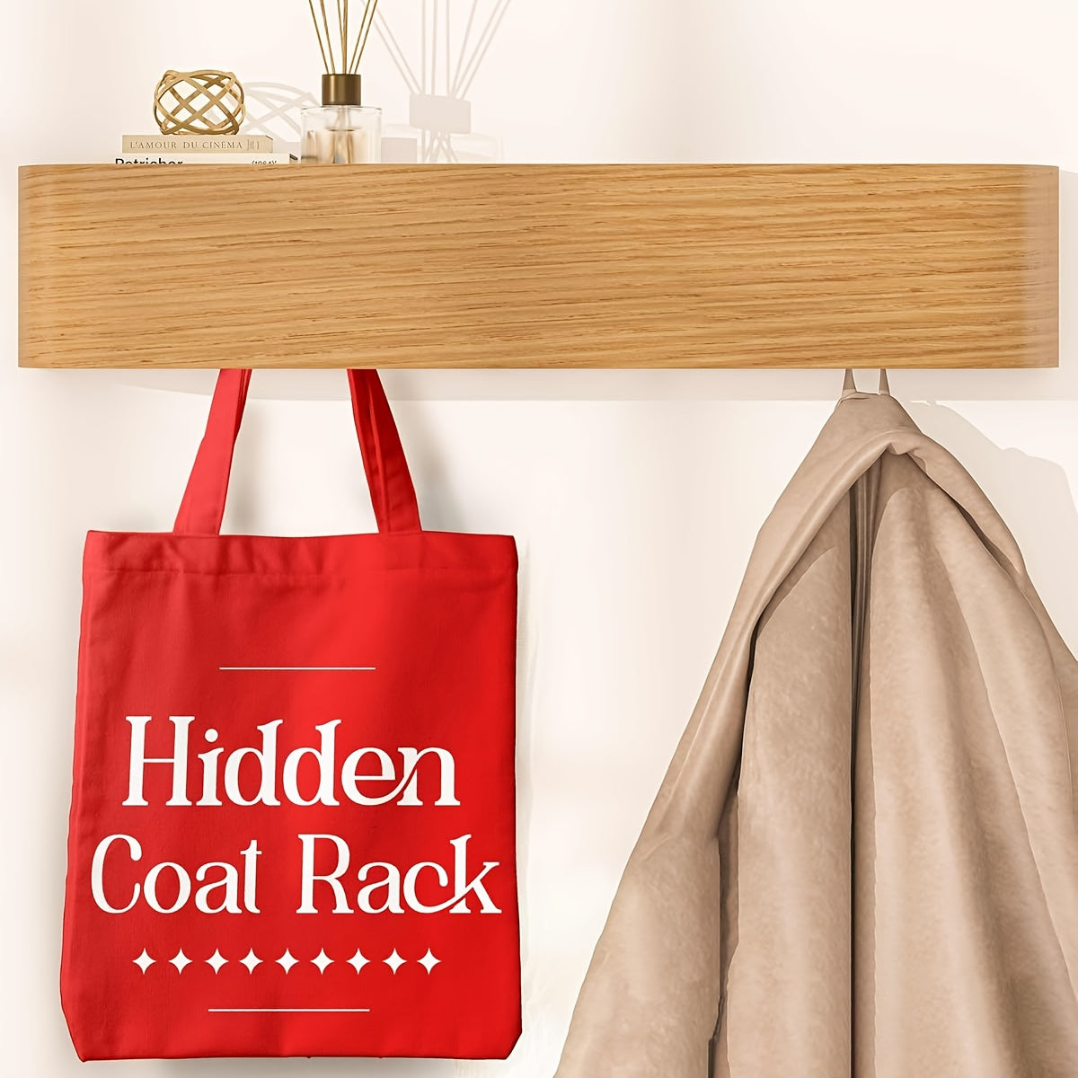 Modern Coat Rack Wall Mount with Wooden Shelf | Key Holder Entryway Hooks for Bedroom, Kitchen, Hallway, Bathroom - Artificial Board and Iron, Wood Color, Portable, Hardwood