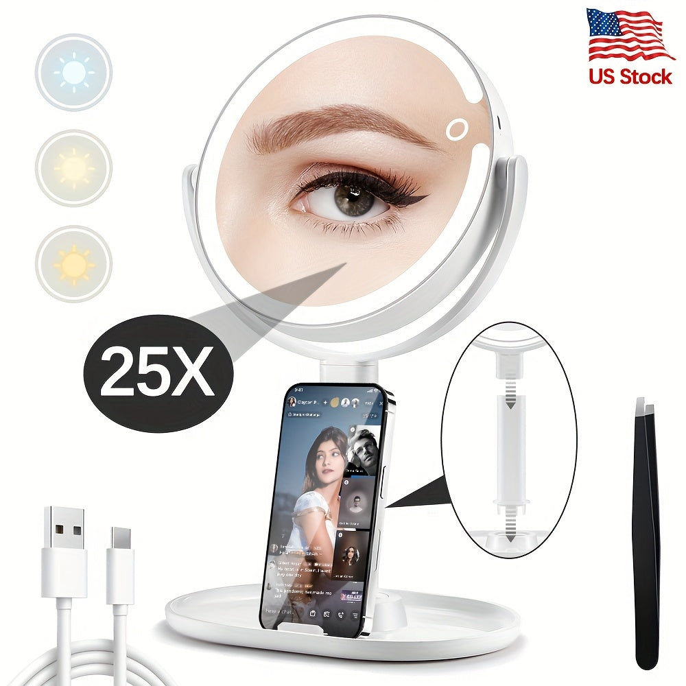 Makeup Mirror with Lights, 25X Magnifying Mirror with Light And Touch Switch, Vanity Mirror with 3 Color Light And 80 LEDs, 2-Sided Lighted Magnified Mirror 8 Inches, Women's Day Gift, A Good Tool Of Beauty And Makeup.