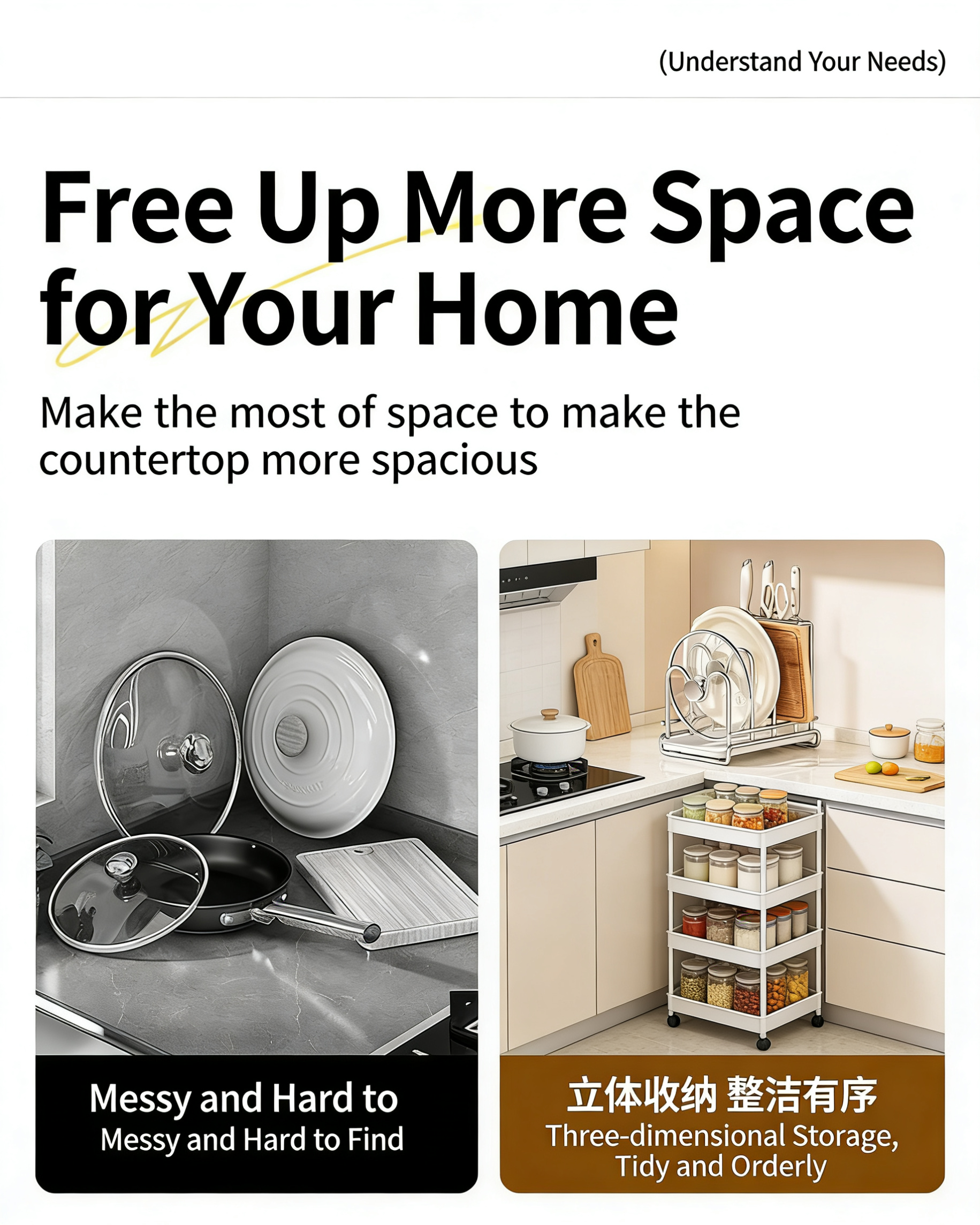 Kitchen Pot Lid Organizer Rack with Knife Holder & Cutting Board Stand, Countertop Storage Rack with Drain Tray