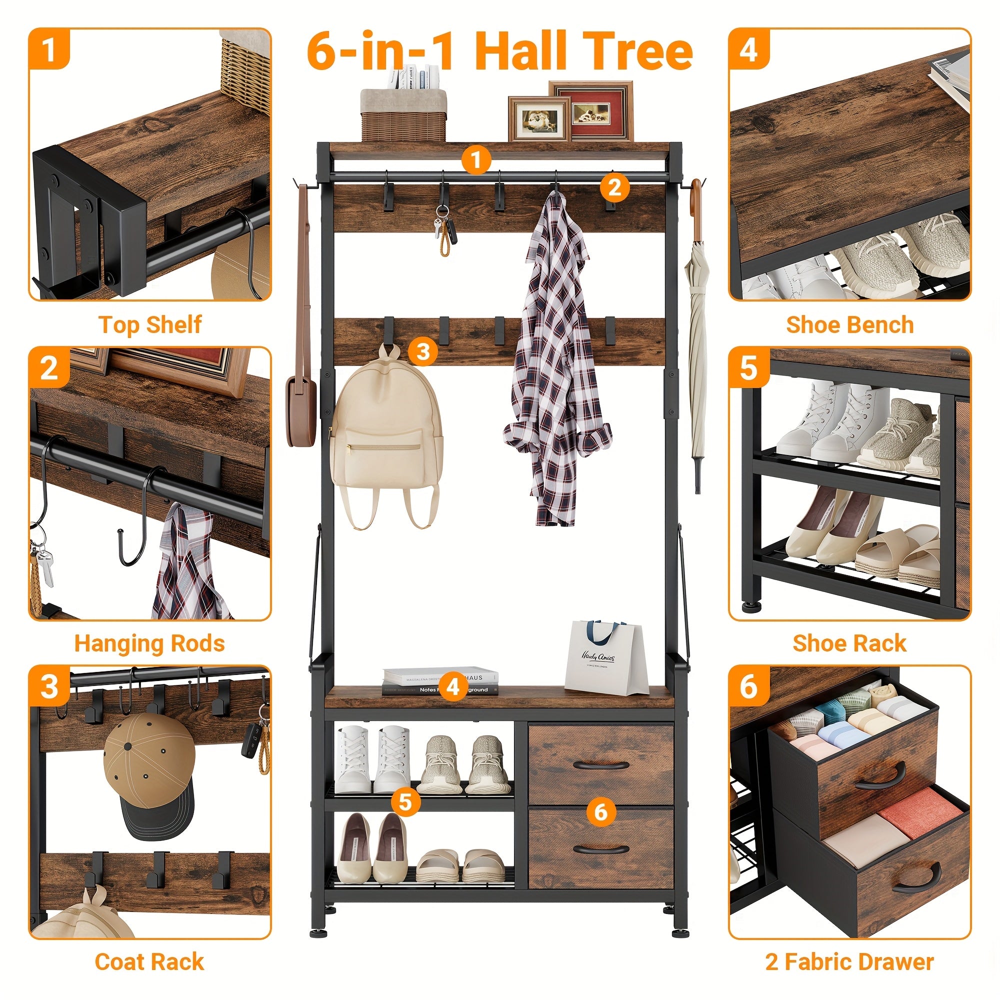6-In-1 Coat Rack with Entry Bench, Hall Tree with 17 Hooks, 2 Fabric Drawers, Shoe Rack, Metal‑Frame Entryway Coat Rack, Space-Saving Storage Organizer for Bedroom, Mudroom And Closet