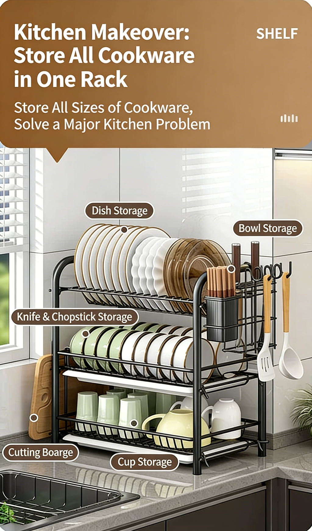 3-Tier Dish Drying Rack with Drain Tray, Utensil Holder & Cutting Board Rack