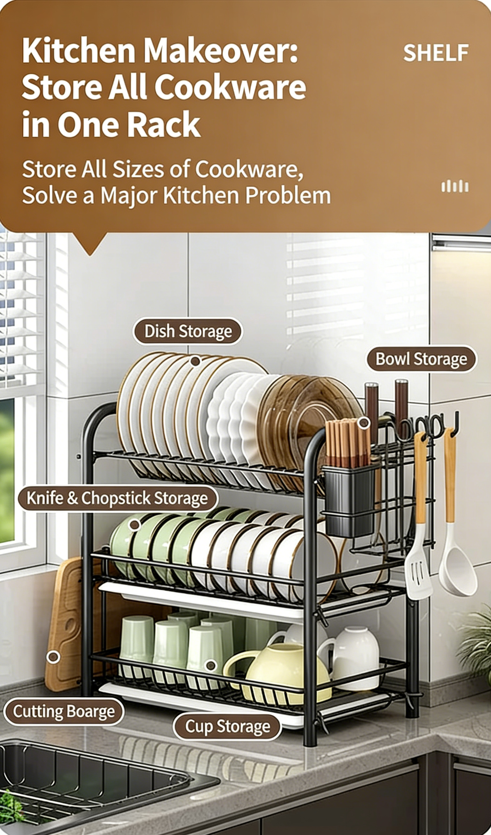 3-Tier Dish Drying Rack with Drain Tray, Utensil Holder & Cutting Board Rack