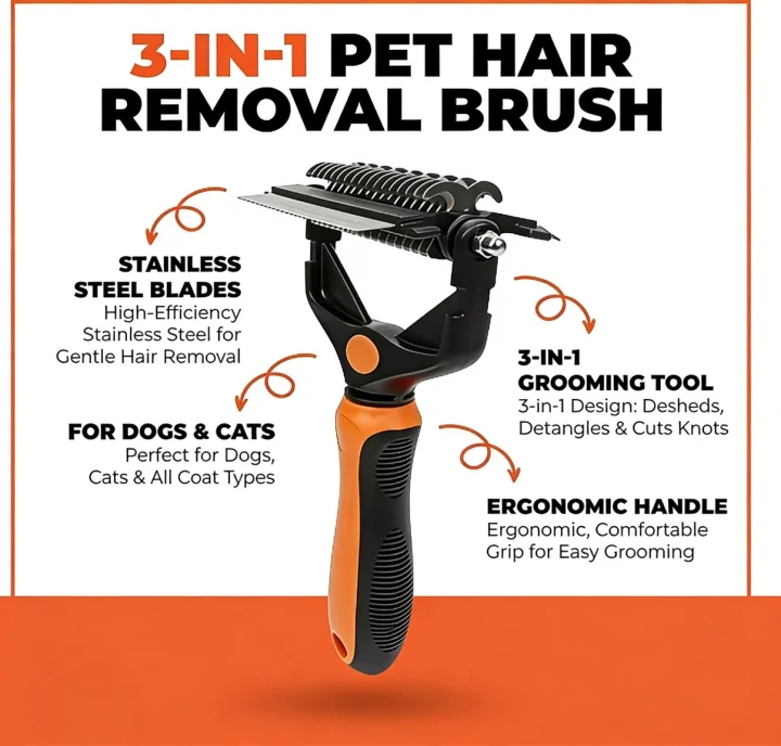 3-in-1 Pet Hair Removal Brush – Grooming Tool for Dogs & Cats