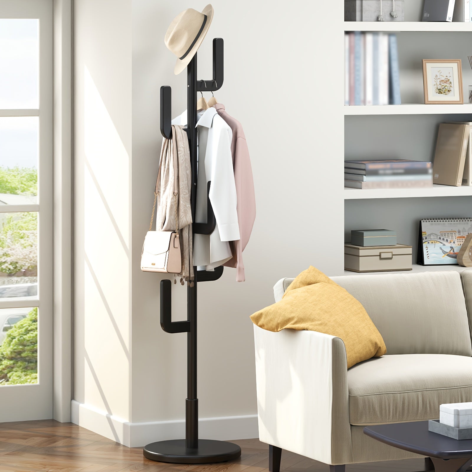 Solid Wood Cactus Coat Rack Stand | Freestanding Coat Rack with 1.59 gal-shaped Hooks and 3 Adjustable Sizes, Sturdy and Easy to Assemble, Ideal for Entryway and Bedroom, Christmas Gift, Black Friday Special, Free Shipping