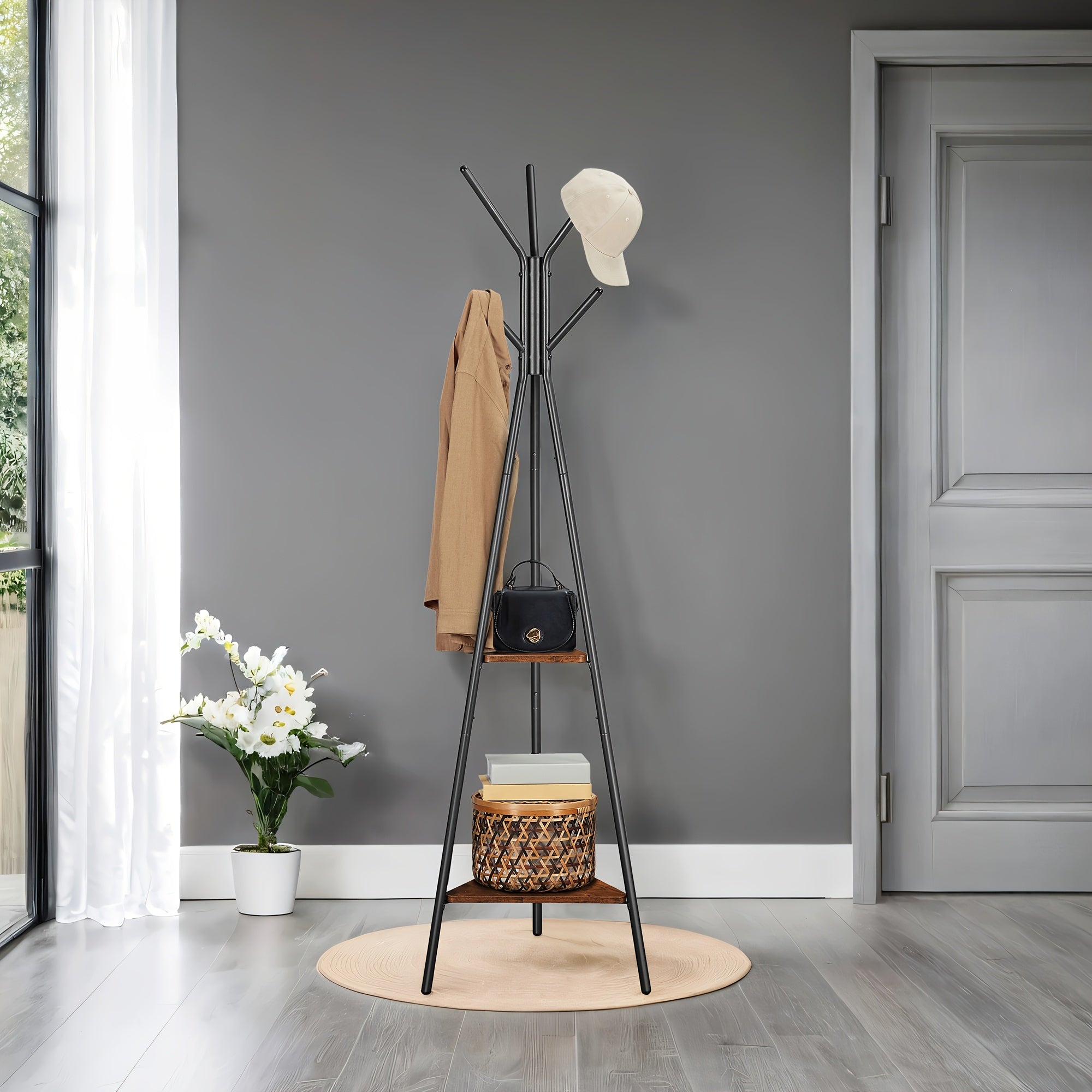 Freestanding Coat Rack\u002Fhat Rack: 6 Hooks + 2 Triangular Shelves for Hanging Clothes\u002Fhats\u002Fbags; Triangular Base, Additional Storage Space, Includes Coat Rack, 69.7\