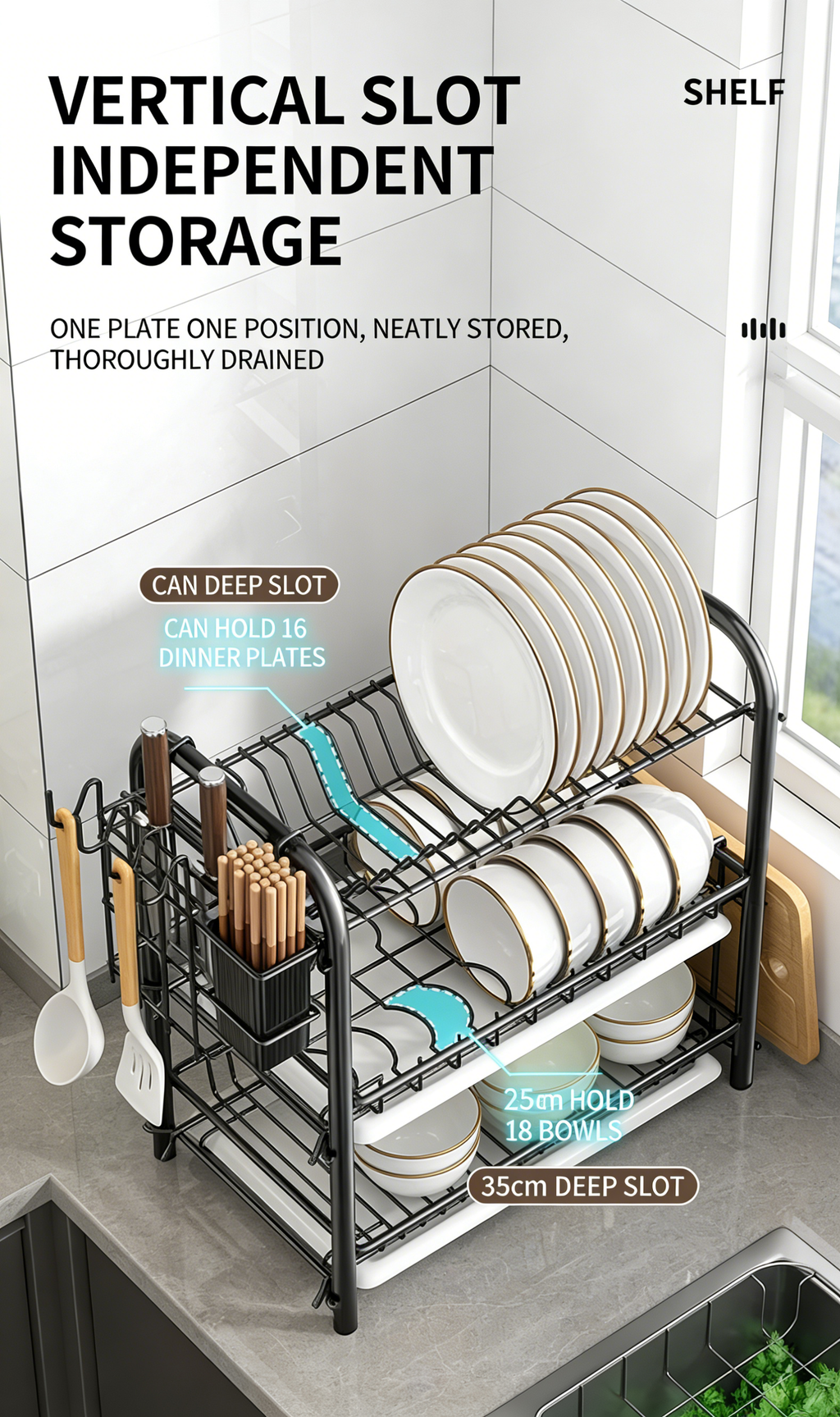 3-Tier Dish Drying Rack with Drain Tray, Utensil Holder & Cutting Board Rack