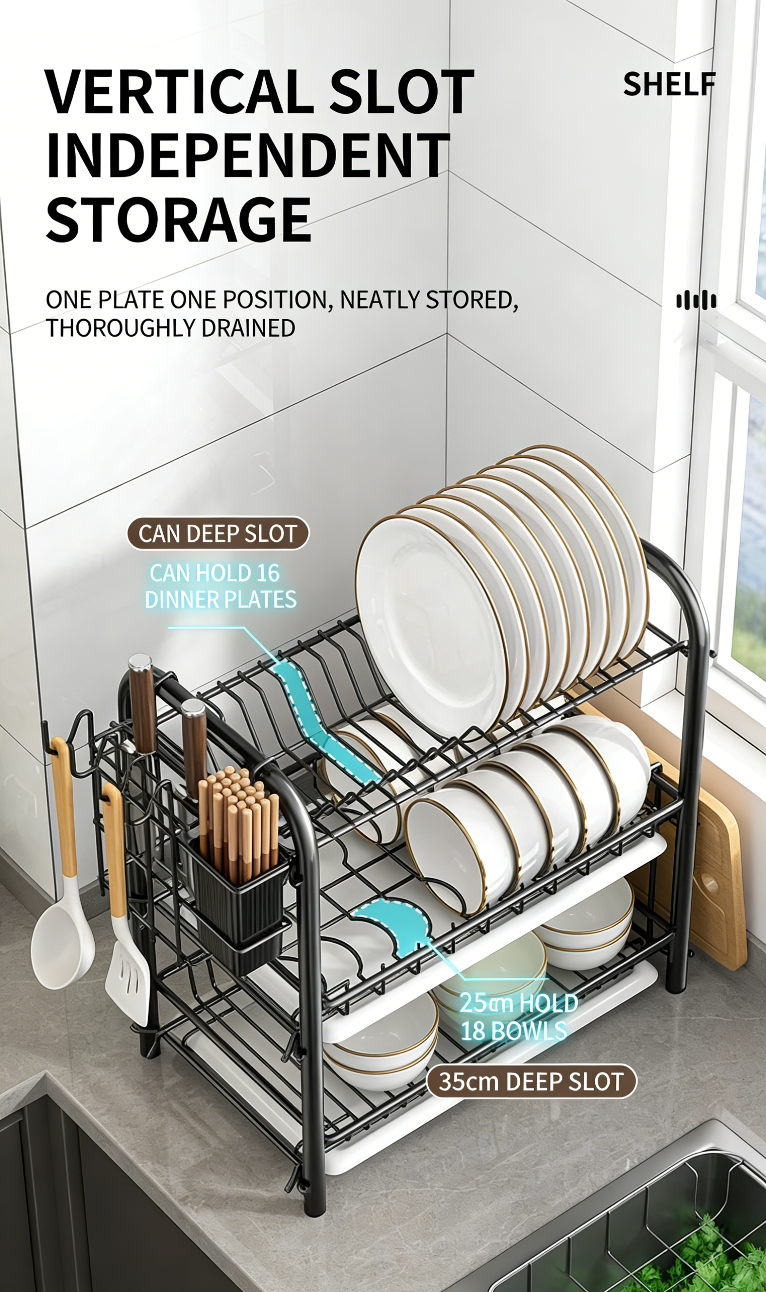 3-Tier Dish Drying Rack with Drain Tray, Utensil Holder & Cutting Board Rack