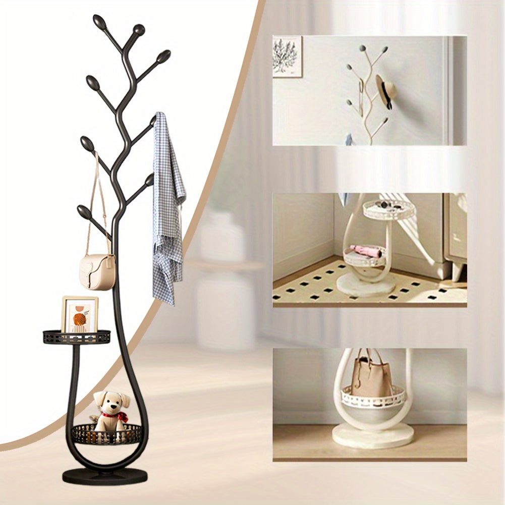 Carbon Steel Freestanding Coat Rack Organizer with 2 Storage Trays & Hooks - Space-Saving Multi-Functional Shelf for Bedroom, Hallway, Entryway - Holds 60 lbs, Clothes Hanging Rack, Hallway Decoration, Decorative Bear Accent, Sturdy Construction