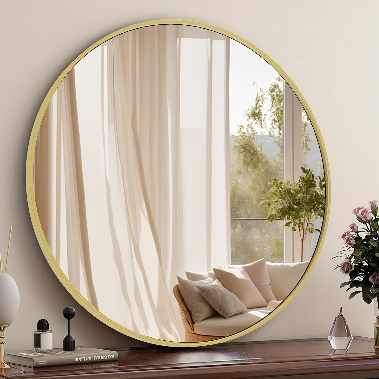 Round Metal Wall Mirror with - Matte & Frame, Easy-Hang Modern Decorative Mirror Suitable for Entryway, Bathroom, Living Room - Mirror for Home Décor, Elegant Mirror for Vanity, Dresser or Wall, Christmas Decor