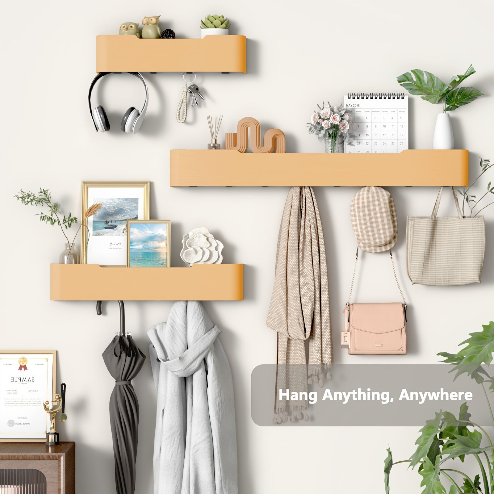 Modern Coat Rack Wall Mount with Wooden Shelf | Key Holder Entryway Hooks for Bedroom, Kitchen, Hallway, Bathroom - Artificial Board and Iron, Wood Color, Portable, Hardwood