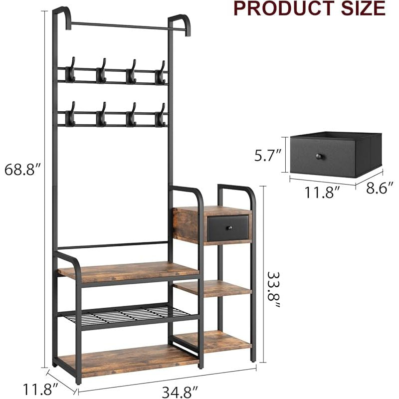 5-in-1 Multi-Functional Hall Tree Shoe Bench with Storage Drawer & 8-Hook Entryway - Space-Saving Coat Rack Suitable for Apartment, Bedroom, Entryway - Assembly, Compact Furniture (No Wood\u002FMetal)