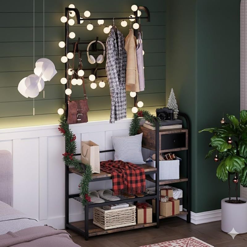 5-in-1 Multi-Functional Hall Tree Shoe Bench with Storage Drawer & 8-Hook Entryway - Space-Saving Coat Rack Suitable for Apartment, Bedroom, Entryway - Assembly, Compact Furniture (No Wood\u002FMetal)