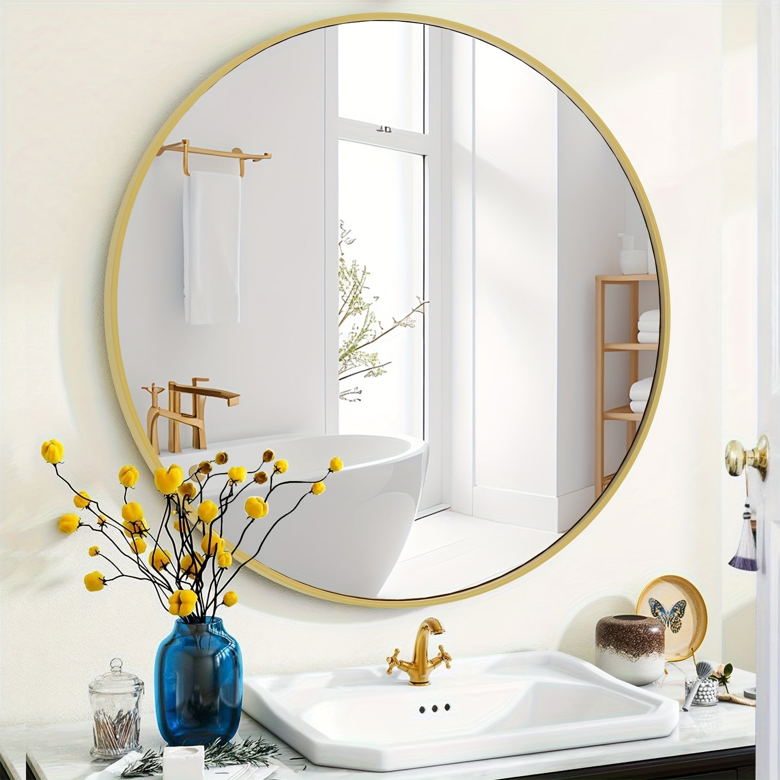 Round Metal Wall Mirror with - Matte & Frame, Easy-Hang Modern Decorative Mirror Suitable for Entryway, Bathroom, Living Room - Mirror for Home Décor, Elegant Mirror for Vanity, Dresser or Wall, Christmas Decor