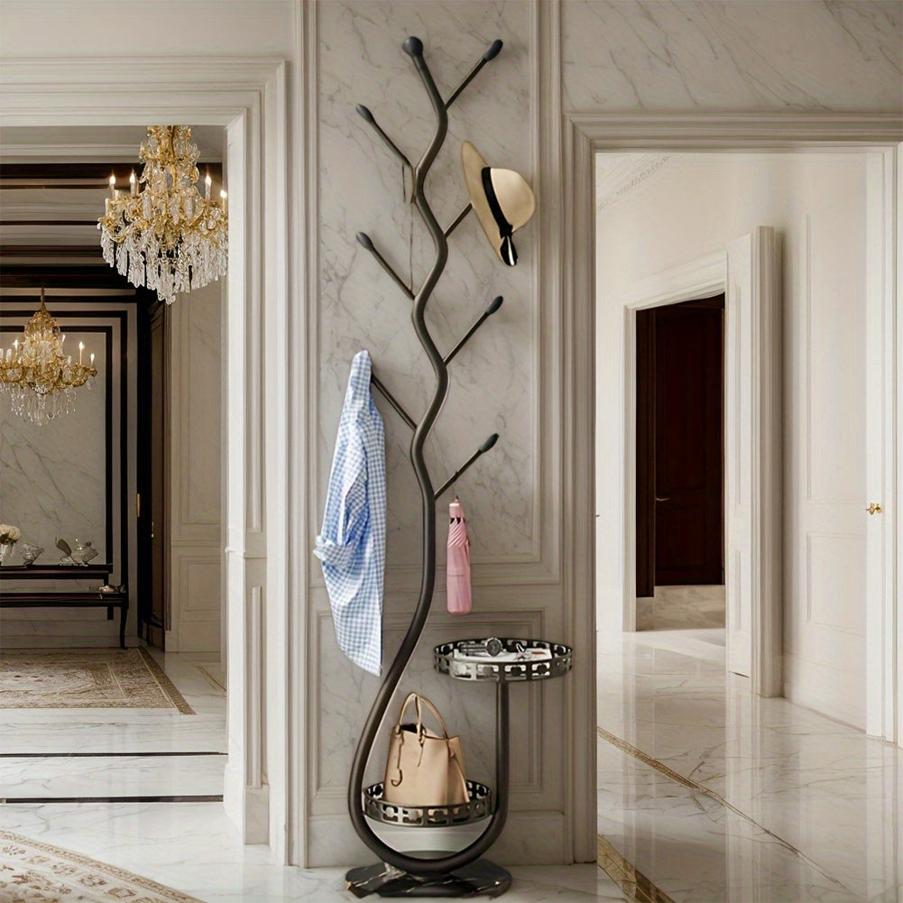 Carbon Steel Freestanding Coat Rack Organizer with 2 Storage Trays & Hooks - Space-Saving Multi-Functional Shelf for Bedroom, Hallway, Entryway - Holds 60 lbs, Clothes Hanging Rack, Hallway Decoration, Decorative Bear Accent, Sturdy Construction