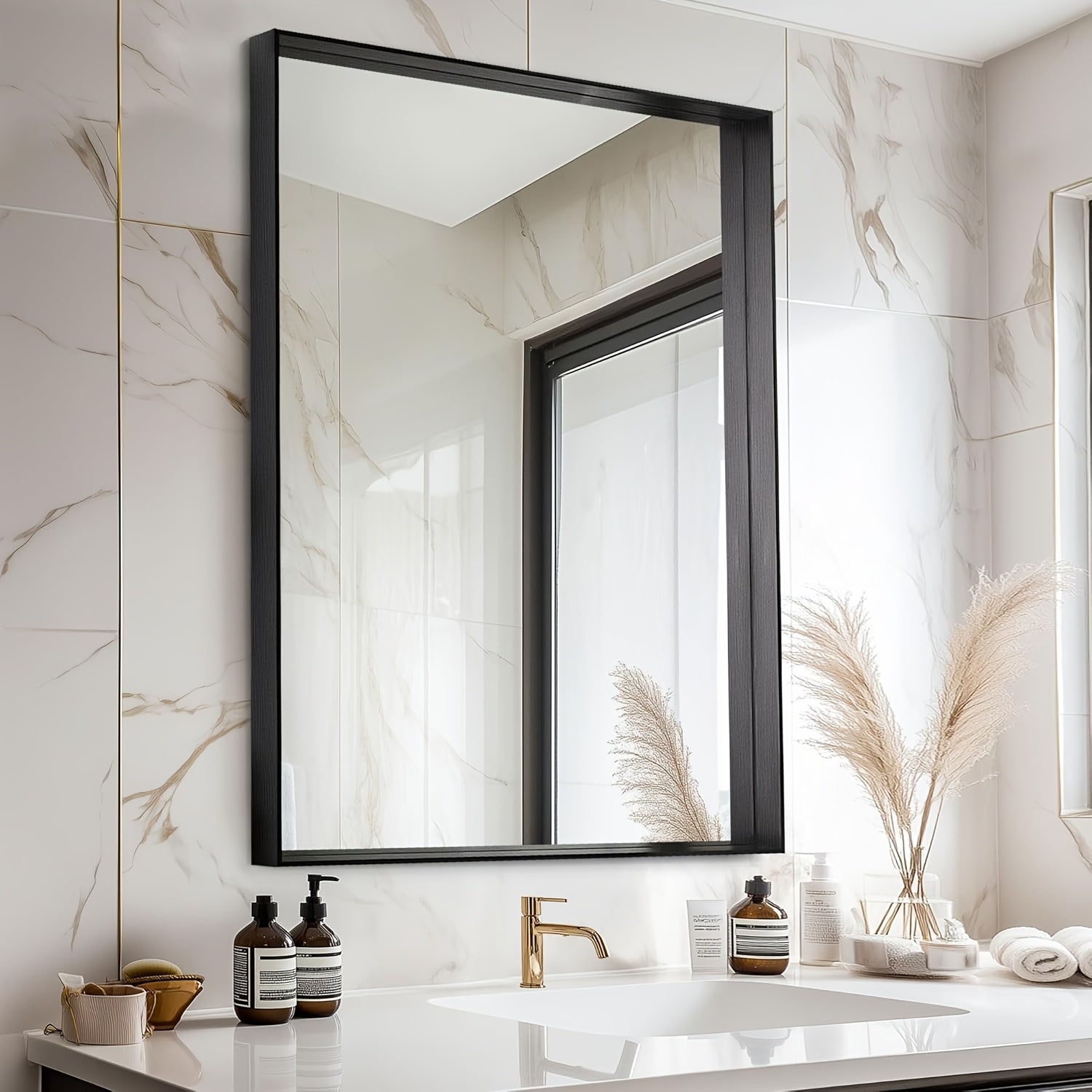 Framed Mirror for Bathroom, Multiple Sizes Metal Framed Bathrrom for Wall, Matte Black\u002FGolden\u002FSilvery Bathroom Vanity Mirror Farmhouse, Anti-Rust, Rectangle Square Corner Metal Frame Modern(Horizontal\u002FVertical)