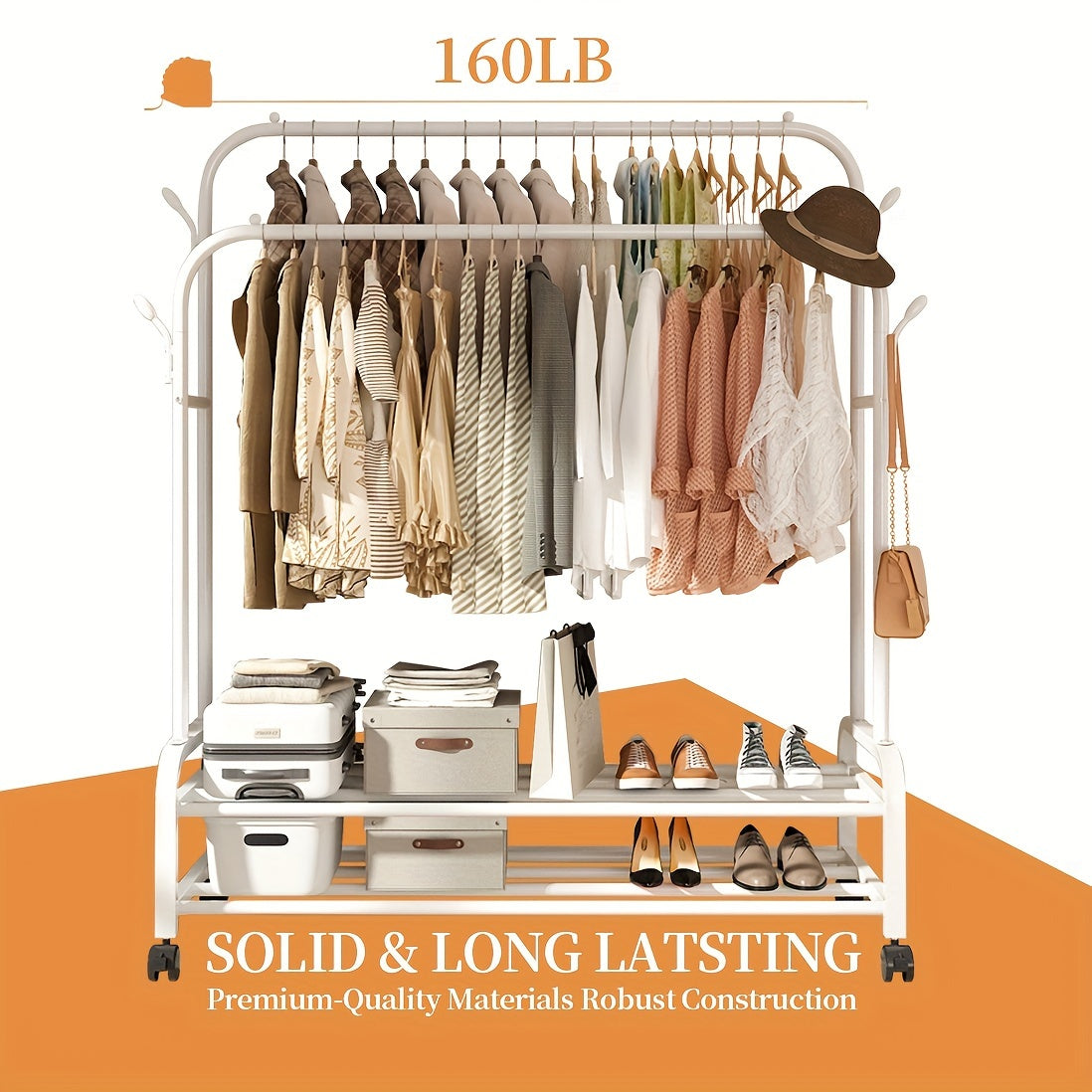 Heavy Duty, Clothes Rack Heavy Duty, Sturdy Metal Double Rodding Clothes Rack With Wheels, Portable Clothing Rack With Shelves & Hooks, Multi-Functional Closet Rack For Bedroom, Black