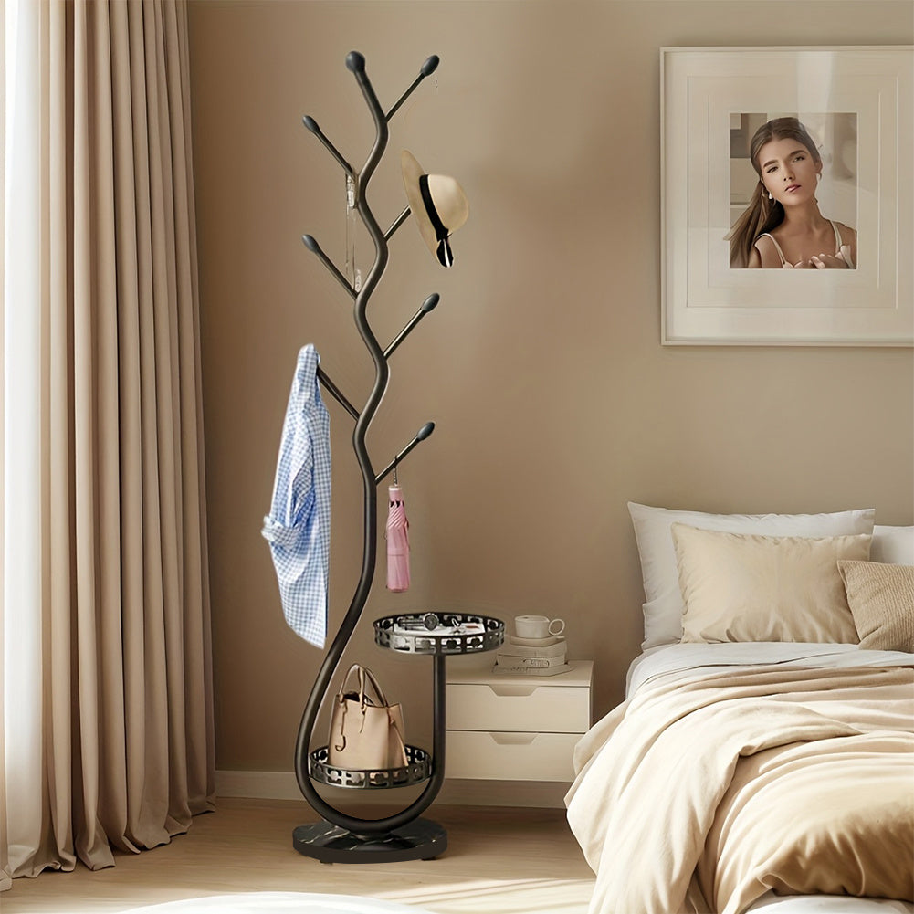 Carbon Steel Freestanding Coat Rack Organizer with 2 Storage Trays & Hooks - Space-Saving Multi-Functional Shelf for Bedroom, Hallway, Entryway - Holds 60 lbs, Clothes Hanging Rack, Hallway Decoration, Decorative Bear Accent, Sturdy Construction