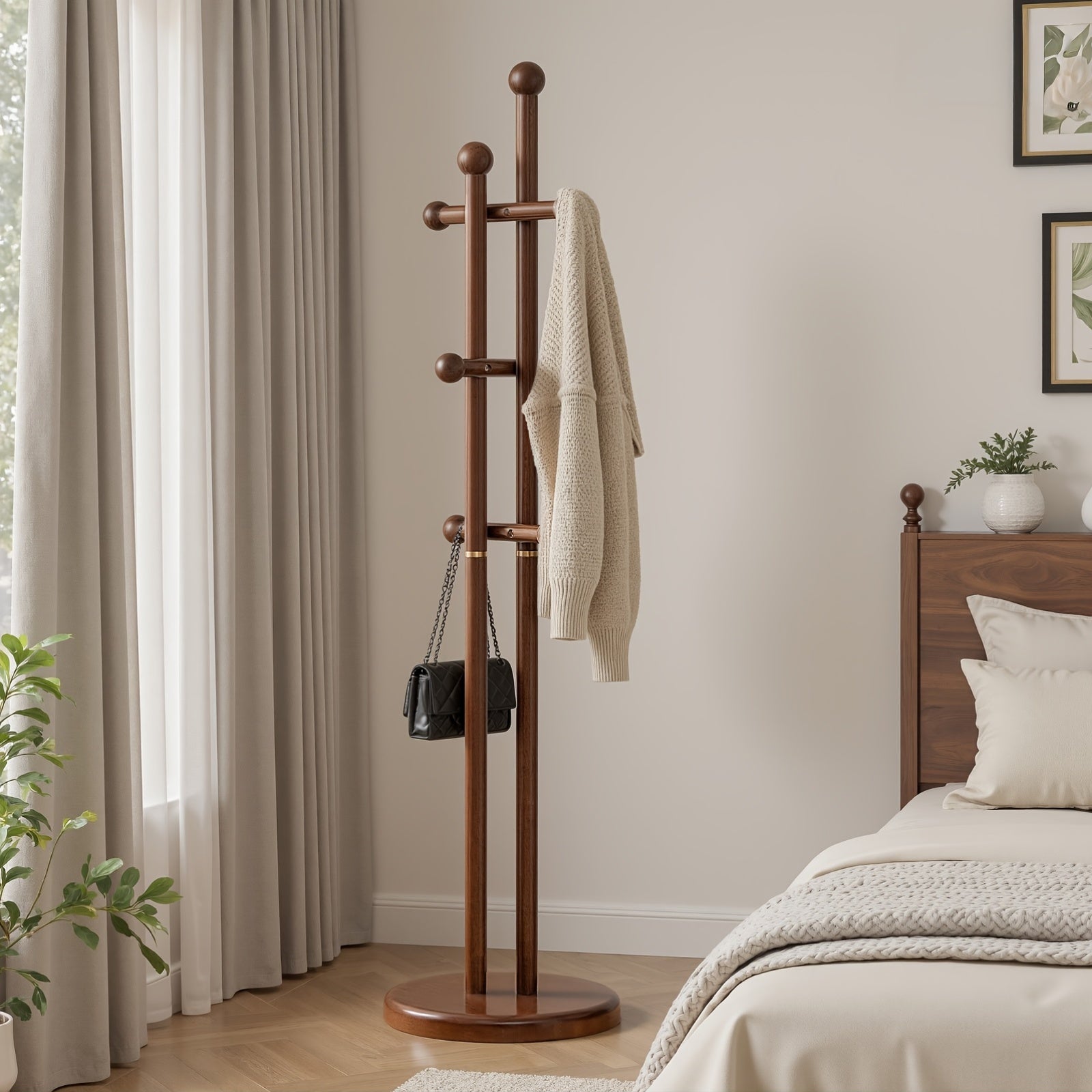 Solid Wood Coat Rack Freestanding | Coat Tree Rack with 2 Main Rods, 6 Hooks, Stable Round Base, Space Saving Clothes Hanger Stand for Entryway, Bedroom, Hallway, 180 lbs Capacity, Walnut Color - BEKRVIO