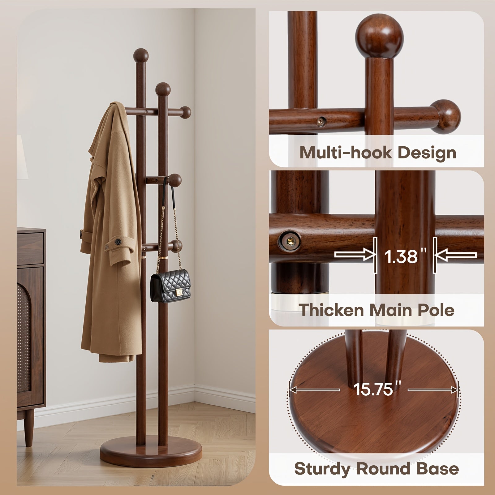 Solid Wood Coat Rack Freestanding | Coat Tree Rack with 2 Main Rods, 6 Hooks, Stable Round Base, Space Saving Clothes Hanger Stand for Entryway, Bedroom, Hallway, 180 lbs Capacity, Walnut Color - BEKRVIO