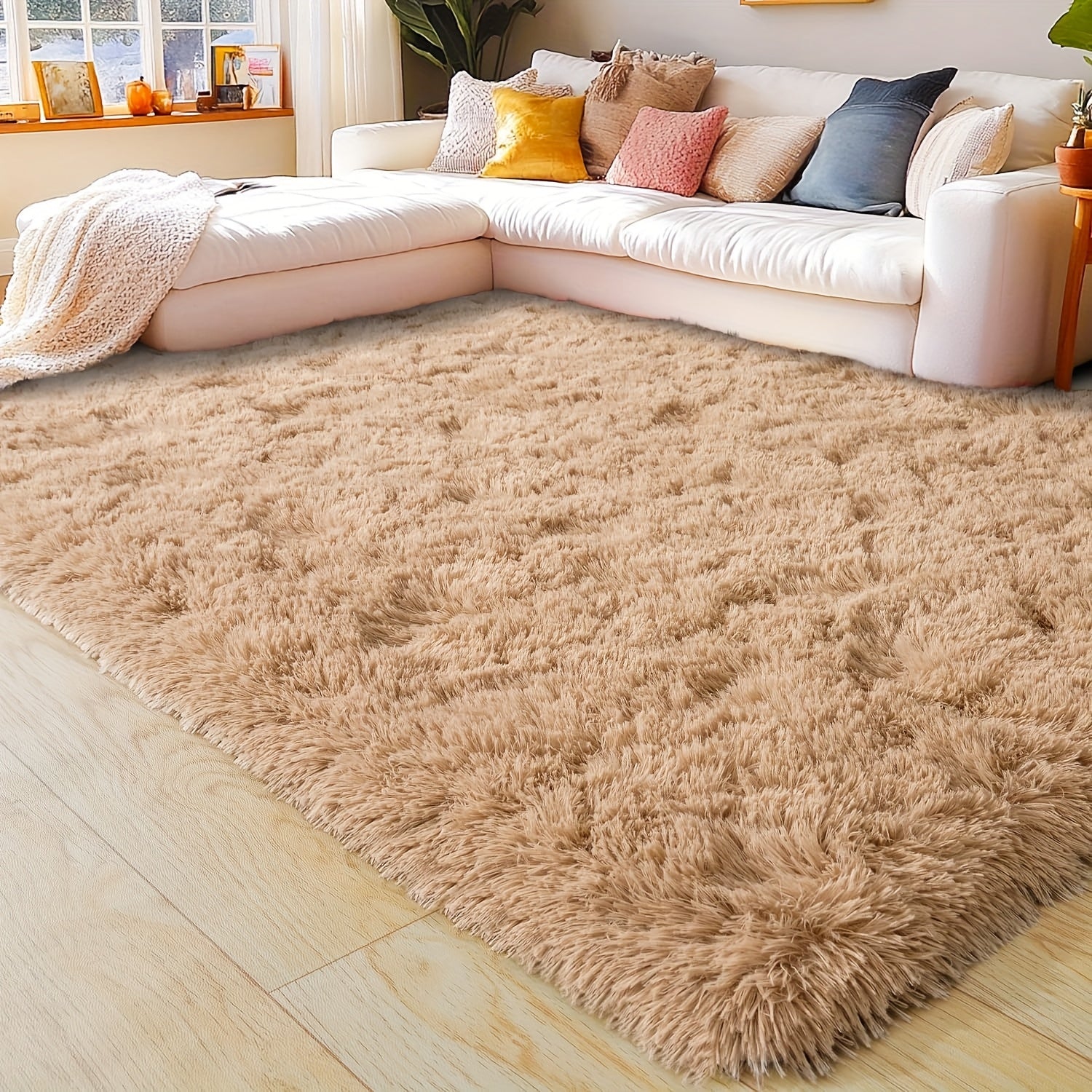 Extra Large 9x12ft Camel Plush Shag Mat - Ultra-Soft Thick Pile, Non-Slip Rubber Backing, Machine Washable Indoor\u002FOutdoor Mat for Living Room, Bedroom, Office