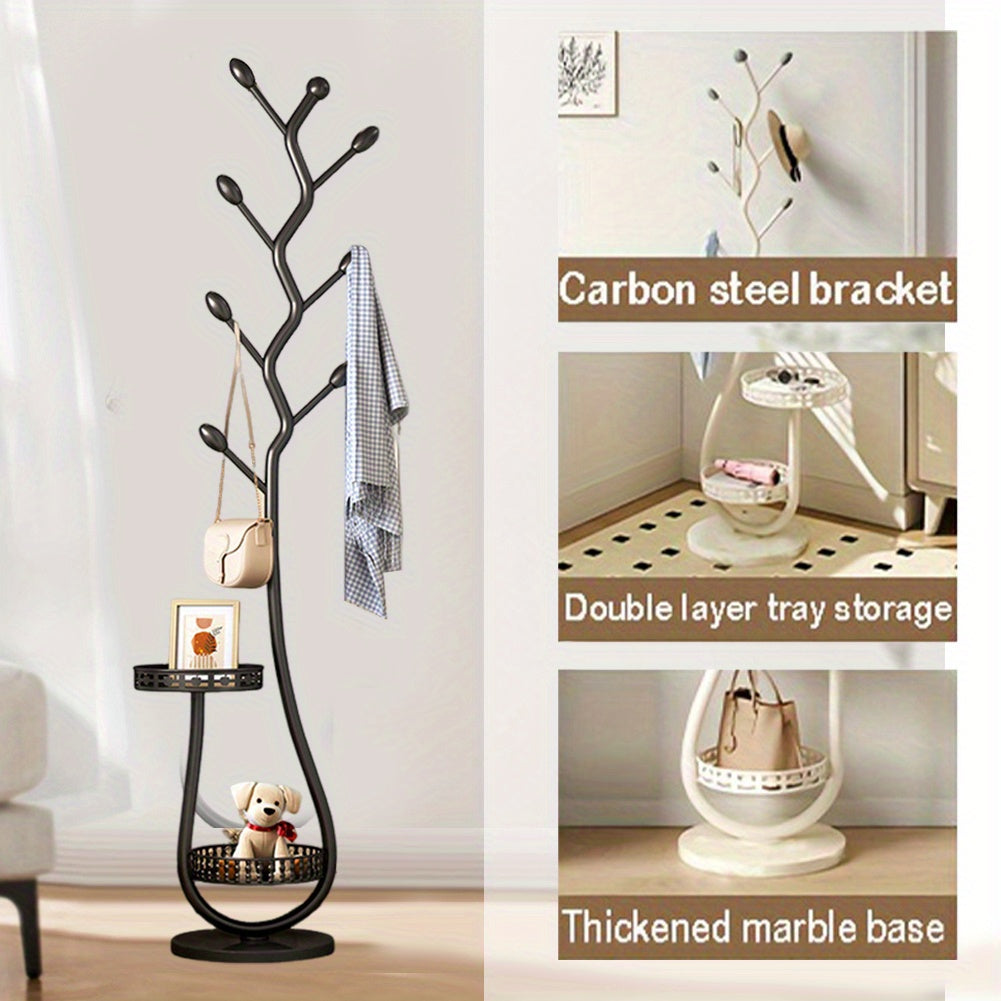 Carbon Steel Freestanding Coat Rack Organizer with 2 Storage Trays & Hooks - Space-Saving Multi-Functional Shelf for Bedroom, Hallway, Entryway - Holds 60 lbs, Clothes Hanging Rack, Hallway Decoration, Decorative Bear Accent, Sturdy Construction