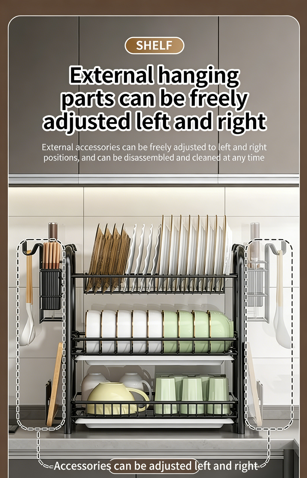 3-Tier Dish Drying Rack with Drain Tray, Utensil Holder & Cutting Board Rack