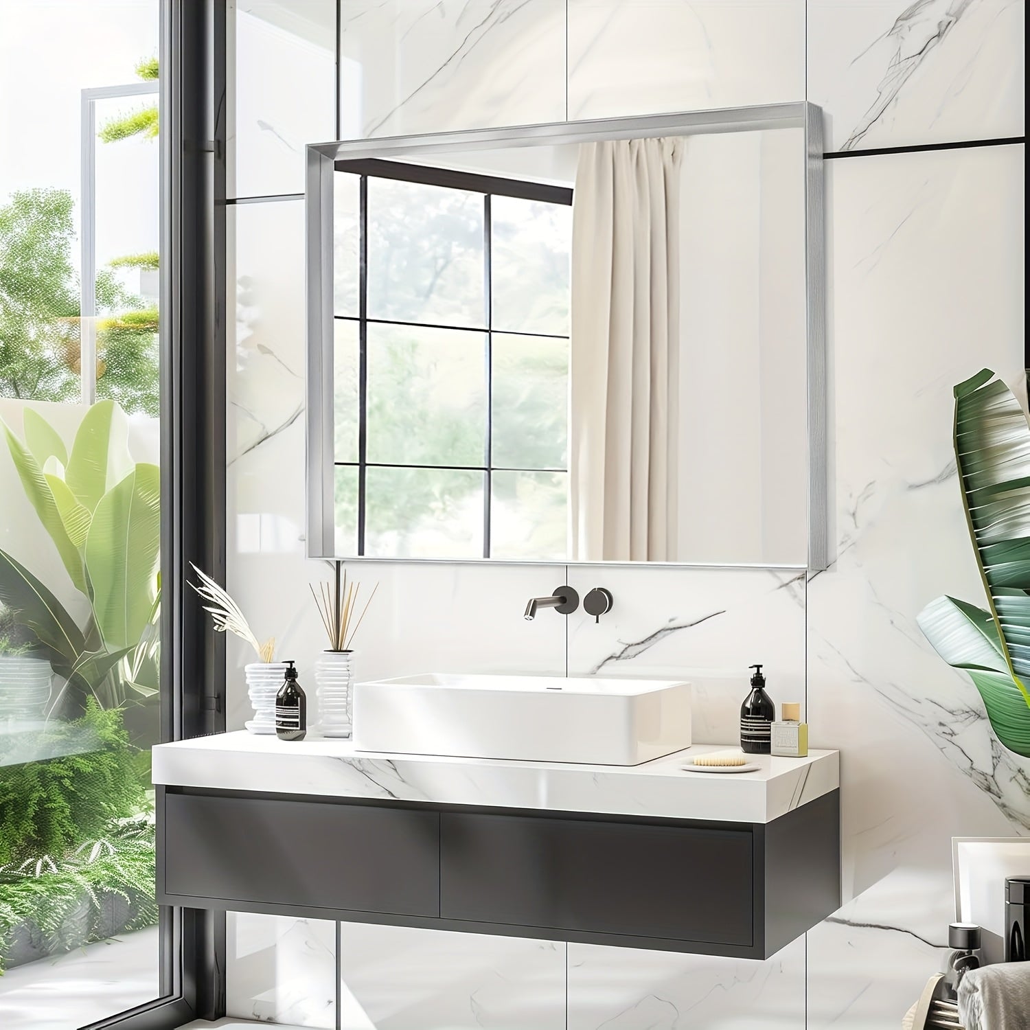 Framed Mirror for Bathroom, Multiple Sizes Metal Framed Bathrrom for Wall, Matte Black\u002FGolden\u002FSilvery Bathroom Vanity Mirror Farmhouse, Anti-Rust, Rectangle Square Corner Metal Frame Modern(Horizontal\u002FVertical)