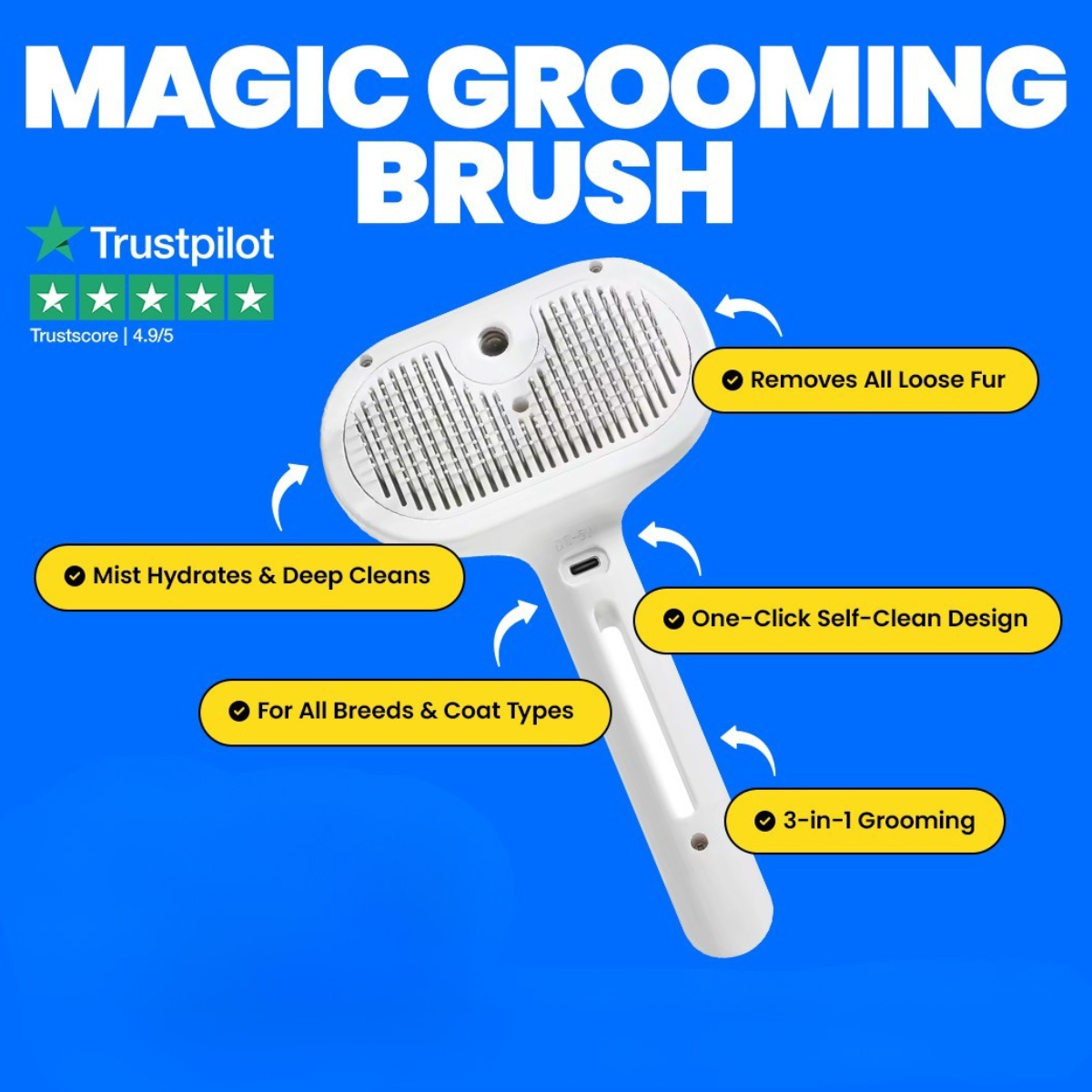 Magic Grooming Brush – 3-in-1 Self-Clean Pet Hair Remover for All Breeds & Coat Types