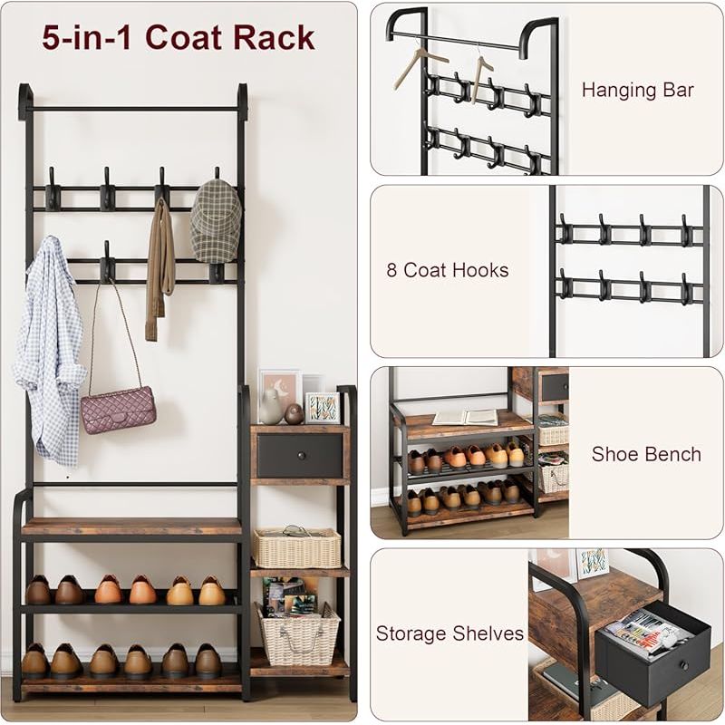 5-in-1 Multi-Functional Hall Tree Shoe Bench with Storage Drawer & 8-Hook Entryway - Space-Saving Coat Rack Suitable for Apartment, Bedroom, Entryway - Assembly, Compact Furniture (No Wood\u002FMetal)