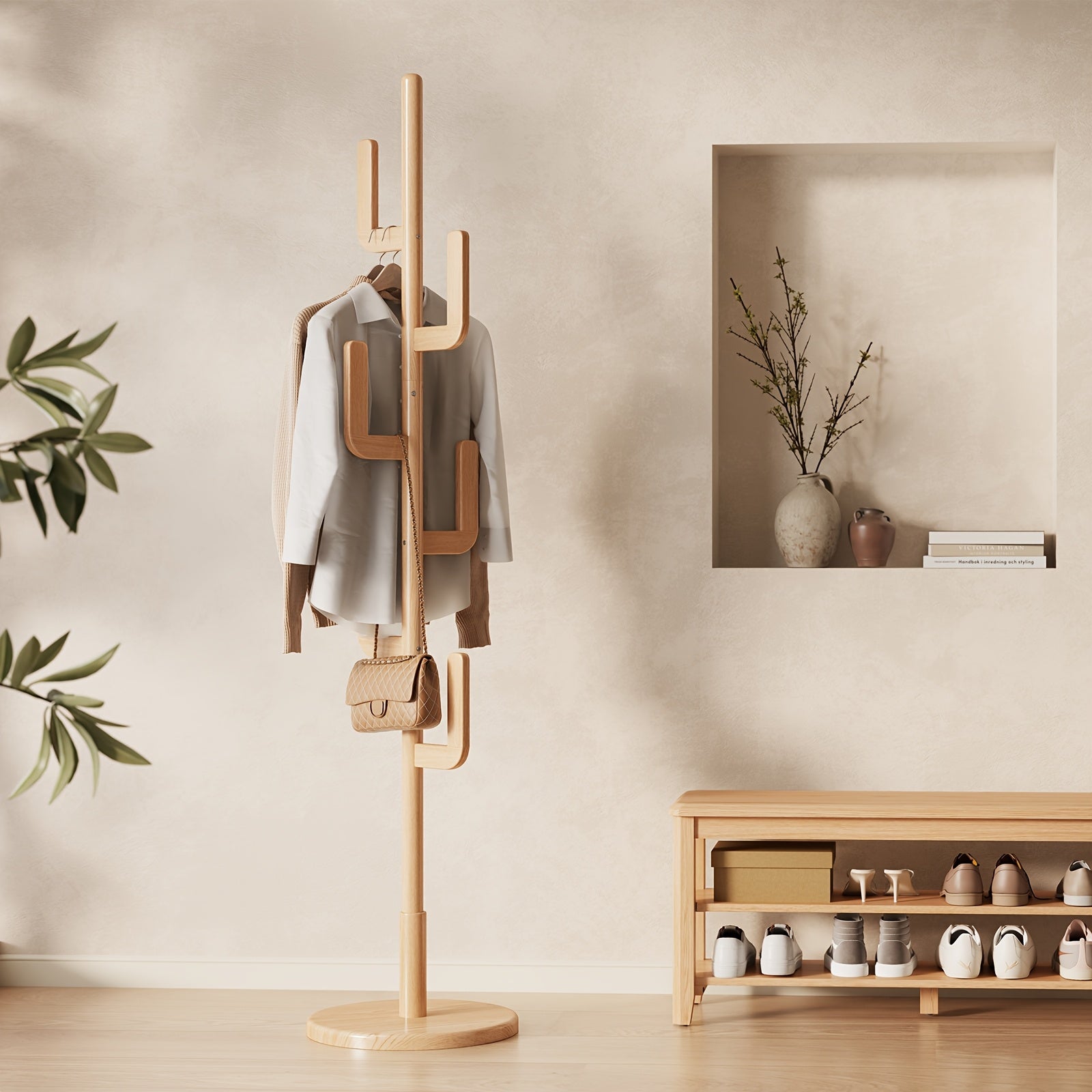 Solid Wood Cactus Coat Rack Stand | Freestanding Coat Rack with 1.59 gal-shaped Hooks and 3 Adjustable Sizes, Sturdy and Easy to Assemble, Ideal for Entryway and Bedroom, Christmas Gift, Black Friday Special, Free Shipping